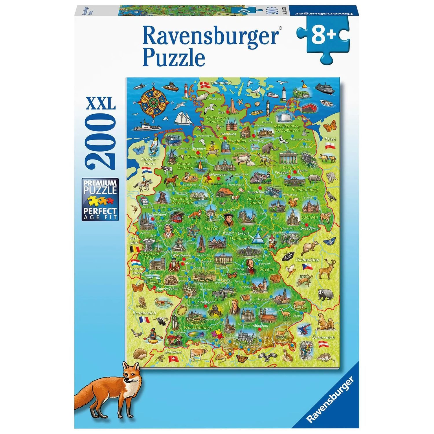 Ravensburger Puzzle Ravensburger Kinderpuzzle - Bunte Deutschlandkarte - 200 Teile..., 200 Puzzleteile