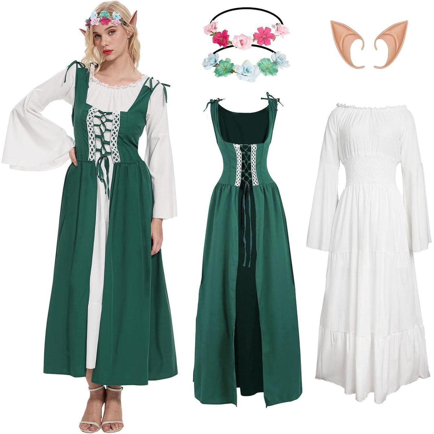 LuxusKollektion Feen-Kostüm Kleid Renaissance Mittelalter Damen Elfenohren Waldelfen XXL Grün