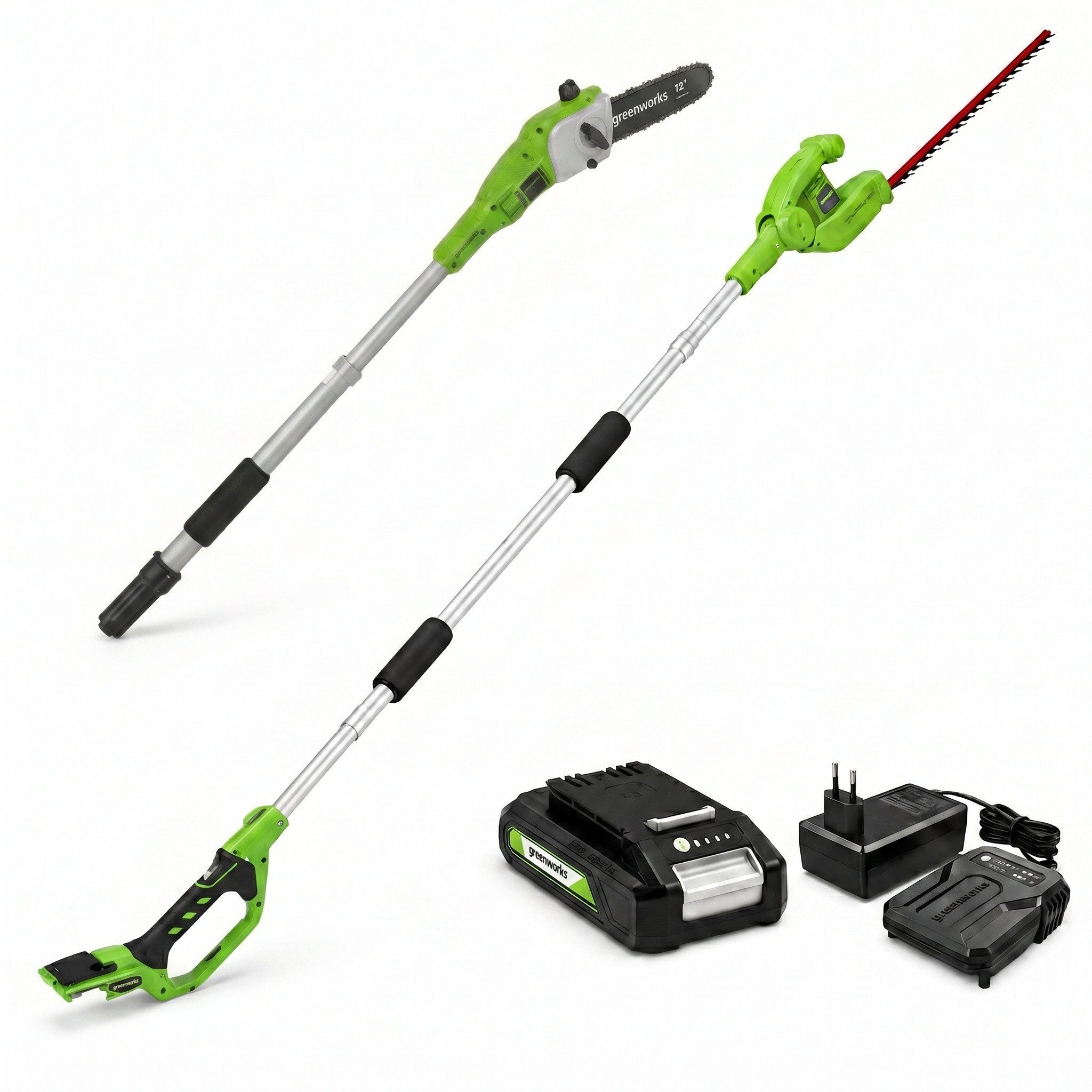 Greenworks Akku-Hochentaster Akku Teleskop Heckenschere Hochentaster 2-in-1 2.0Ah Akku & Ladegerät, Elektro-Kettensage 20cm Schwert, 510mm Messer für Gärten Rasenflächen