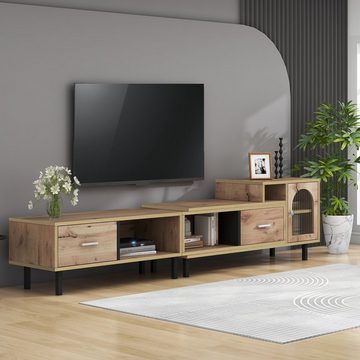 WISHDOR Lowboard TV-Schrank (TV-Board mit 2 Schubladen und 3 offenen Fächer, Länge verstellbar 200-278cm), TV-Schrank mit Glastür