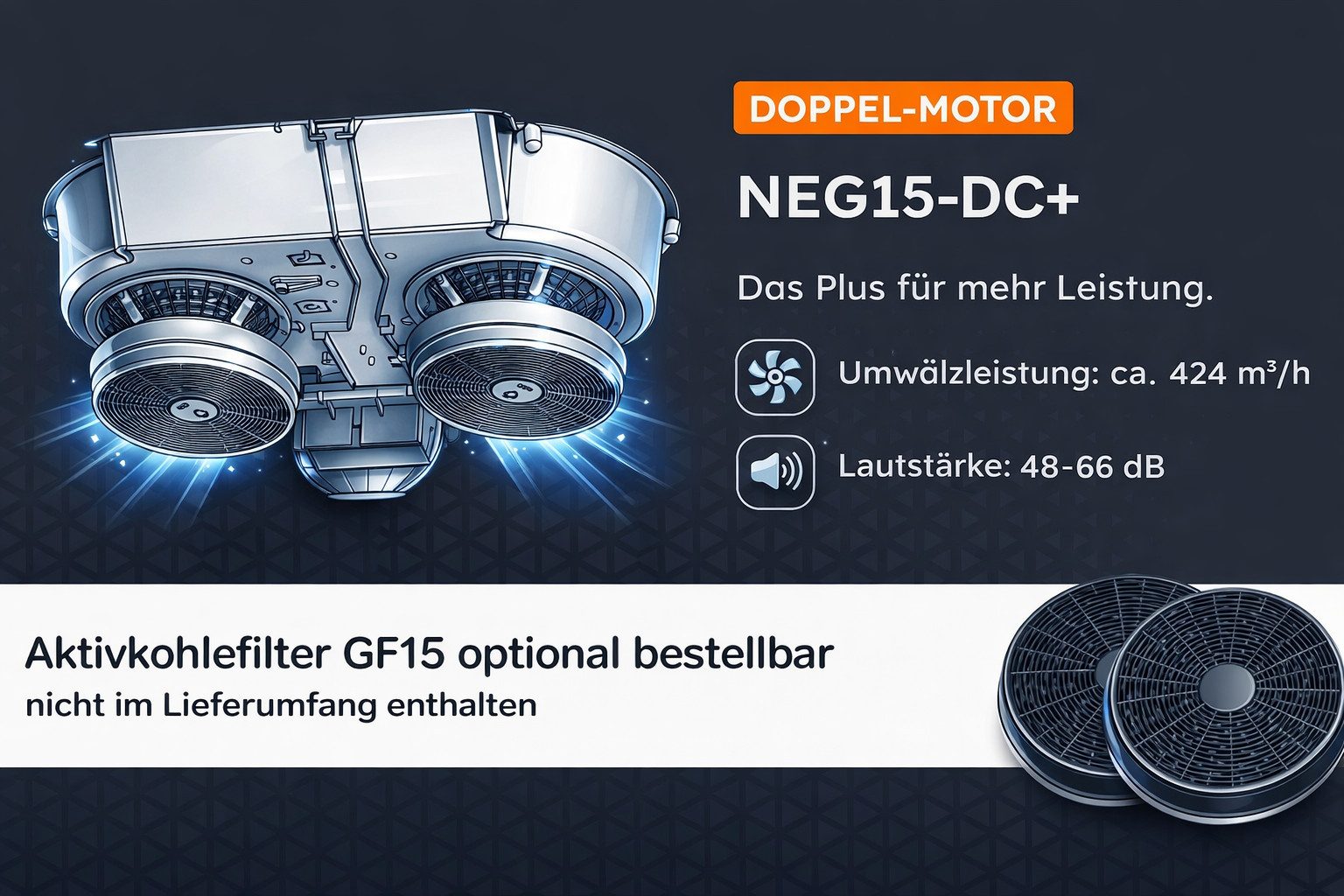 NEG Unterbauhaube NEG15-DC+ Doppelmotor 424 m³/h Abluft & Umluft 2 Anschlüsse für Abluft Serie NEG15-DCS NEG15-DC+ Doppelmotor 424 m³/h Abluft & Umluft 2 Anschlüsse für Abluft, Gleichstrom Doppelmotor 424m³/h Luftleistung