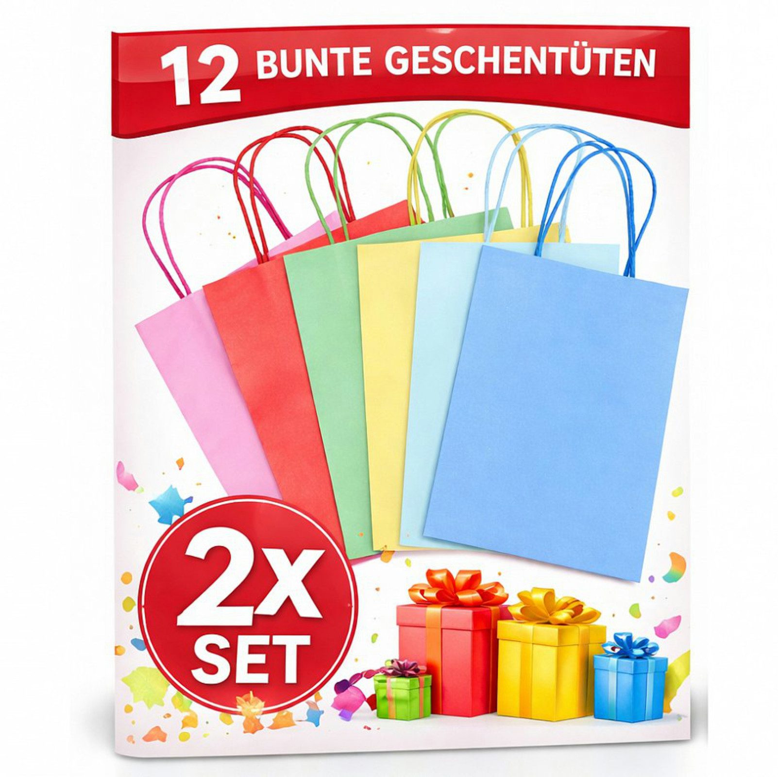 Koopman Geschenk-Tragetasche Geschenkpapiertasche Geschenktasche Tasche 24x20x10cm 12er Set, (12St), Kraft-Papier, 5L Volumen, Mehrfarbig, Tragegriffe