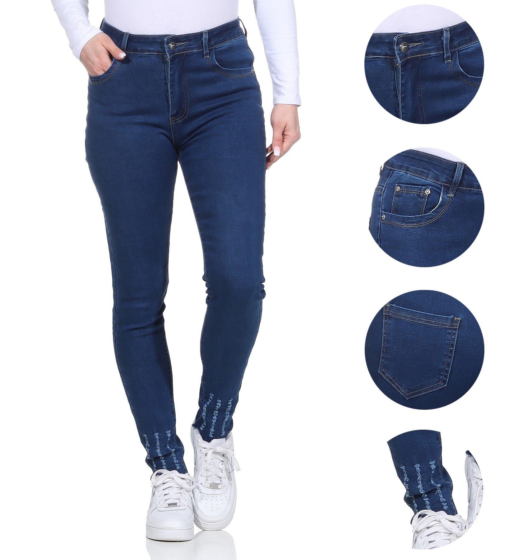 Aurela Damenmode Stretch Jeans Distressed Jeanshosen Look moderner Damen Dunkelblau 5-Pocket-Jeans Look für Destroyed