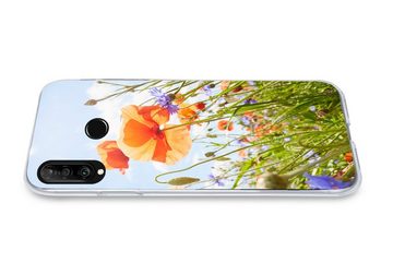 MuchoWow Handyhülle Blumen - Mohn - Frühling - Natur - Rot - Blau, Handyhülle Huawei P30 Lite, Handy Case, Silikon, Bumper Case