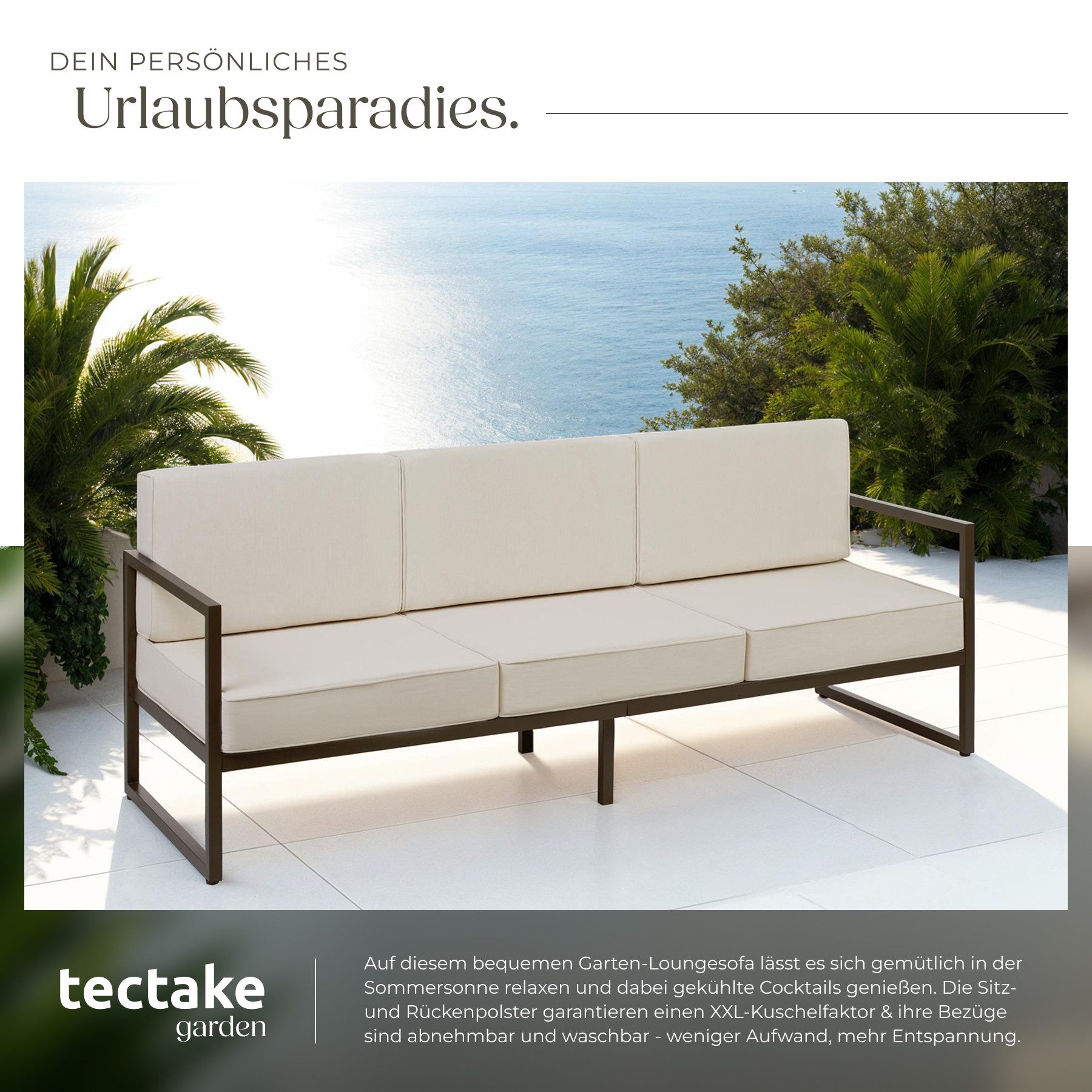 tectake Essgruppe Garten-Loungesofa mit Stahlgestell, 210 x 78 x 85 cm, (Gartensofa Comosa, 1-tlg., in braun/beige), Dicke Sitzpolster, wasserabweisende, abnehm – Bild 4 von 5