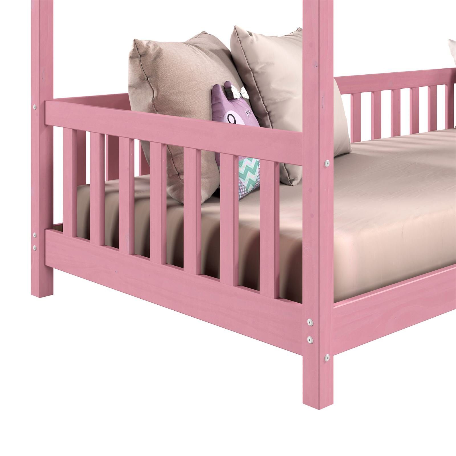 mit Hausbett Kiefer Montessori und Dach rosa rausfal IDIMEX Bett x Tipibett NINA, 200 Kinderbett 90
