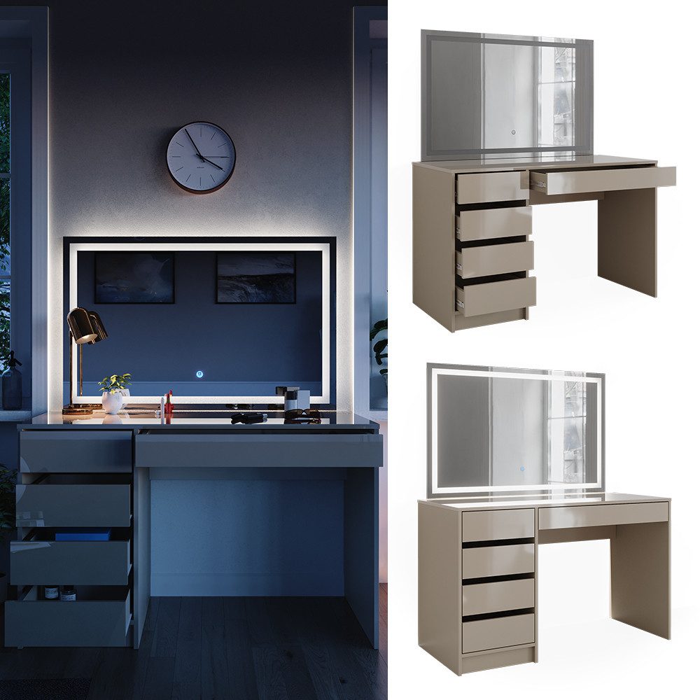 Vicco Schminktisch Sherry, Greige Hochglanz, 120 cm mit LED-Spiegel günstig online kaufen
