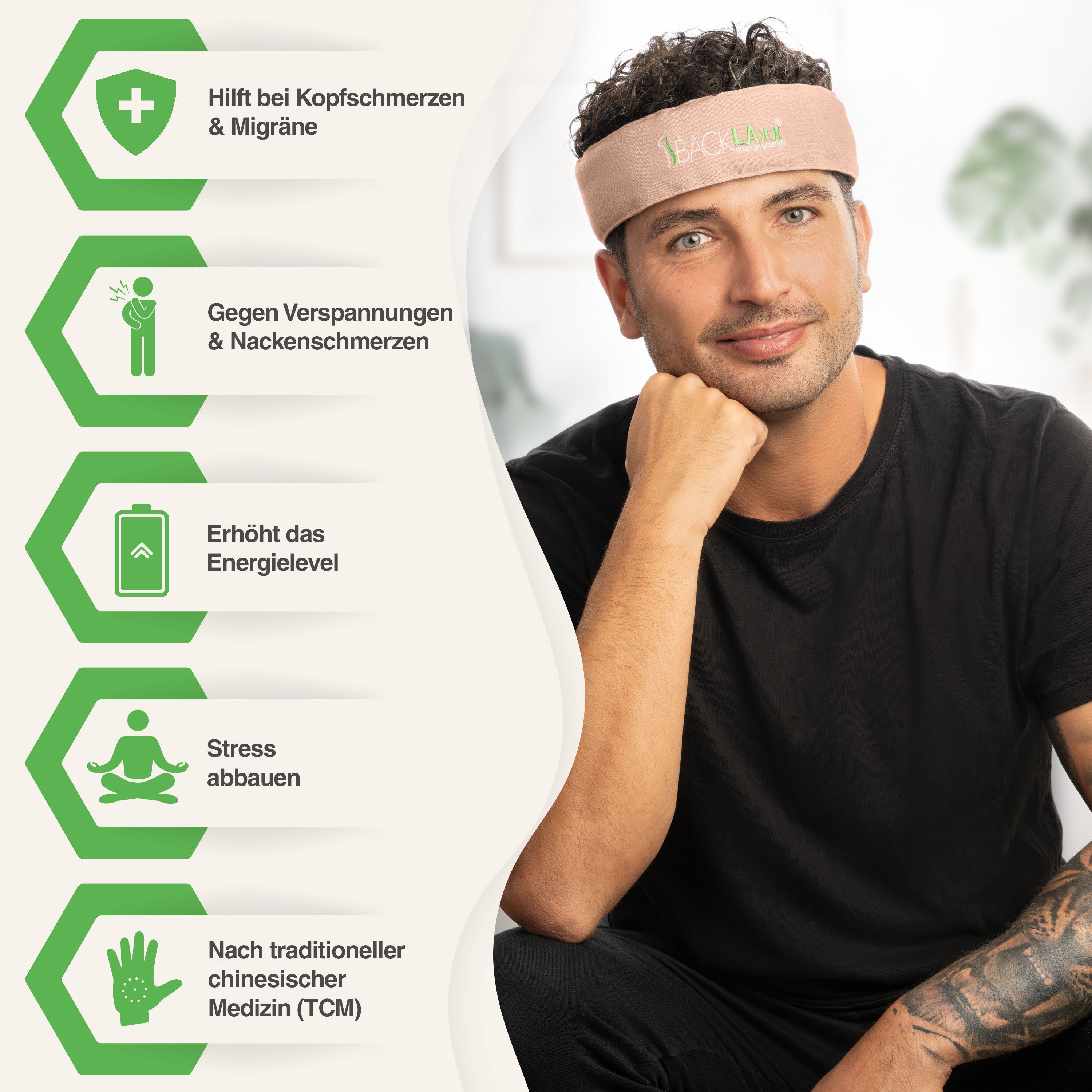 BACKLAxx® Massagegerät Akupressur Stirnband, Kopfband, Kopfmassagegerät mit Tasche zur Kopfmassage, Intensitätsregulierung durch Klettverschluss