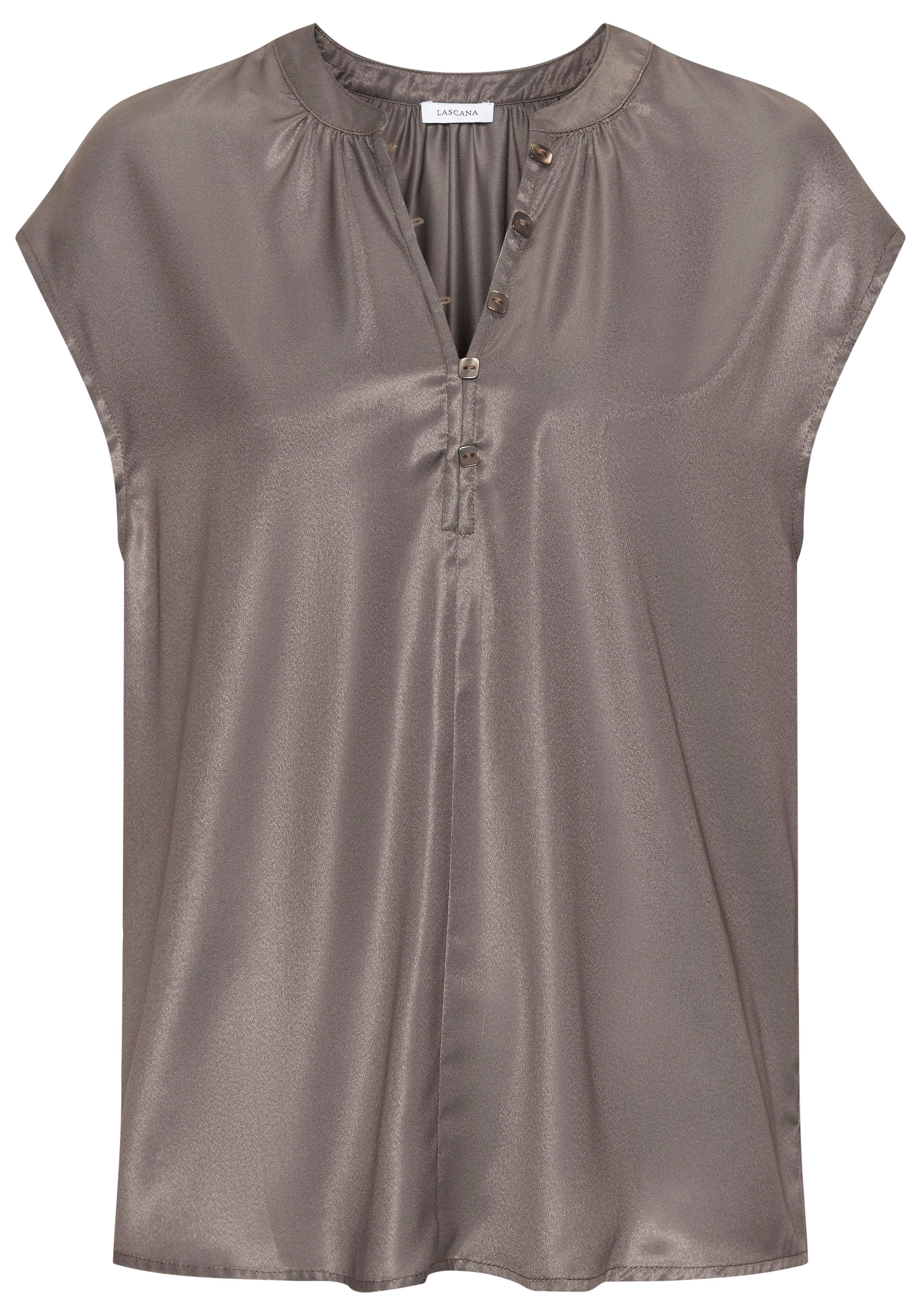 LASCANA Satinbluse mit kurzen Ärmeln und kleiner Knopfleiste Kurzarmbluse mit lockerer Passform, Partyshirt, Blusenshirt, festlich – Bild 2 von 5