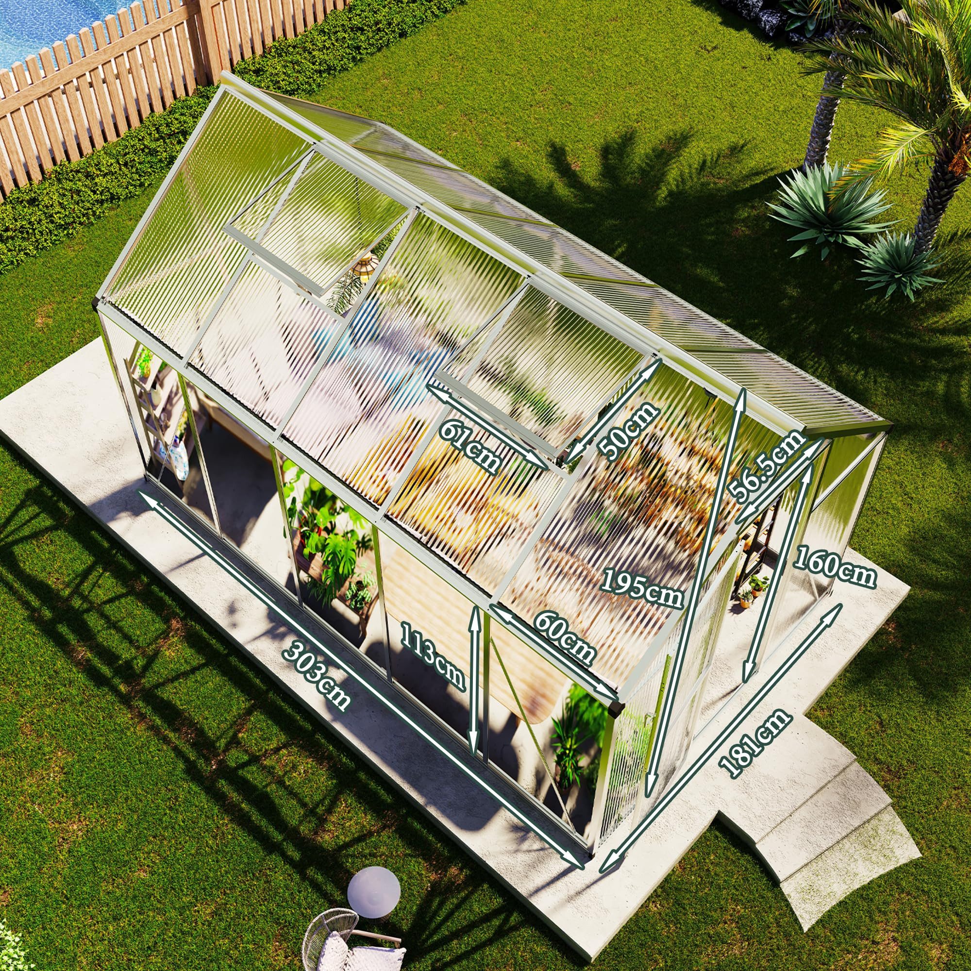 AMERLIFE Gewächshaus mit Schnellmontage & Aluminiumrahmen, 2 Belüftungsfenster, BxTxH: 303 x 181 x 195 cm, 181×303×195 cm, 10 m³ Volumen, UV-beständig & wetterf – Bild 2 von 5