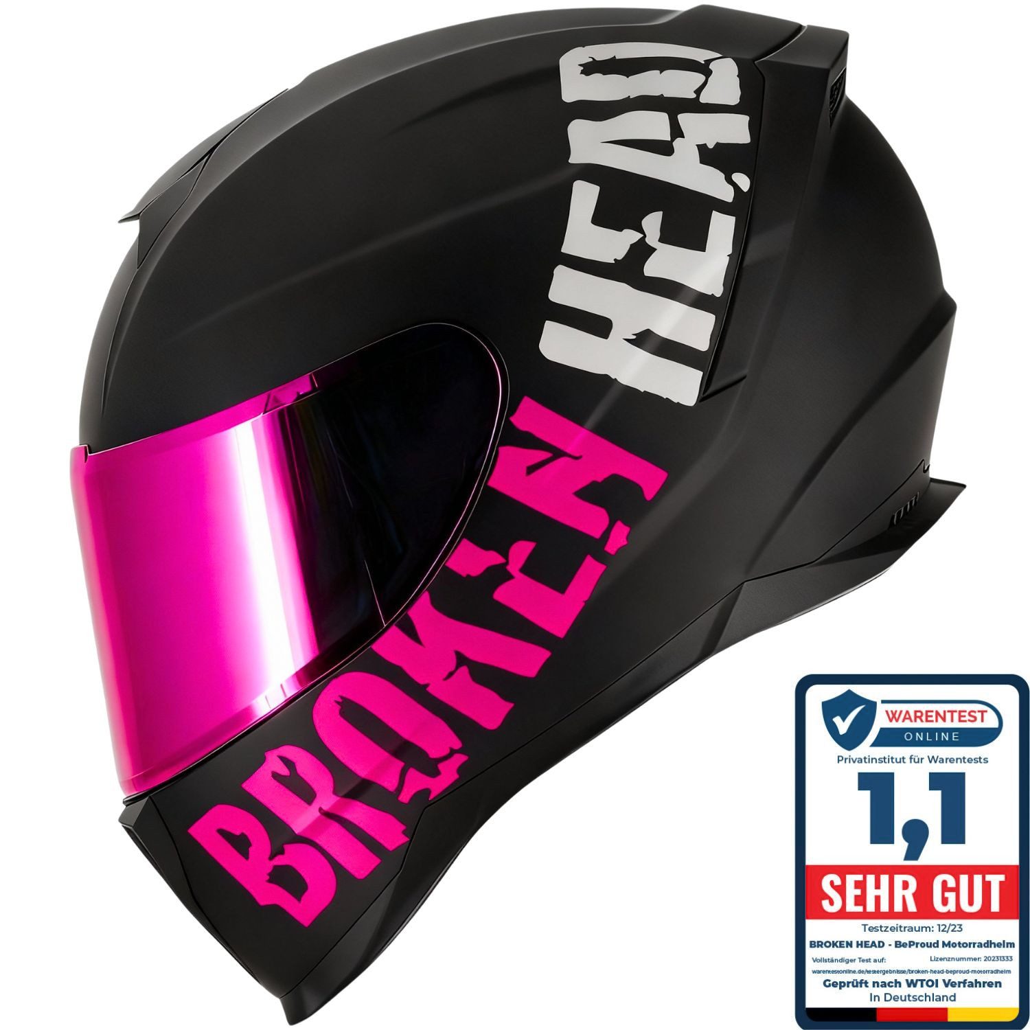 Broken Head Motorradhelm BeProud Sport Pink (mit pink-verspiegeltem und klarem Visier), zwei Visiere