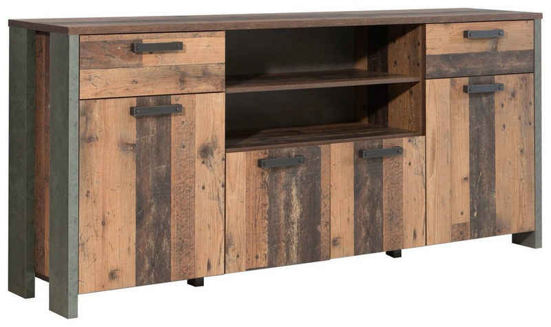 FORTE Sideboard Sideboard Kommode CLIF 4 Türen 2 Schubladen Optik: Old Wood Vintage