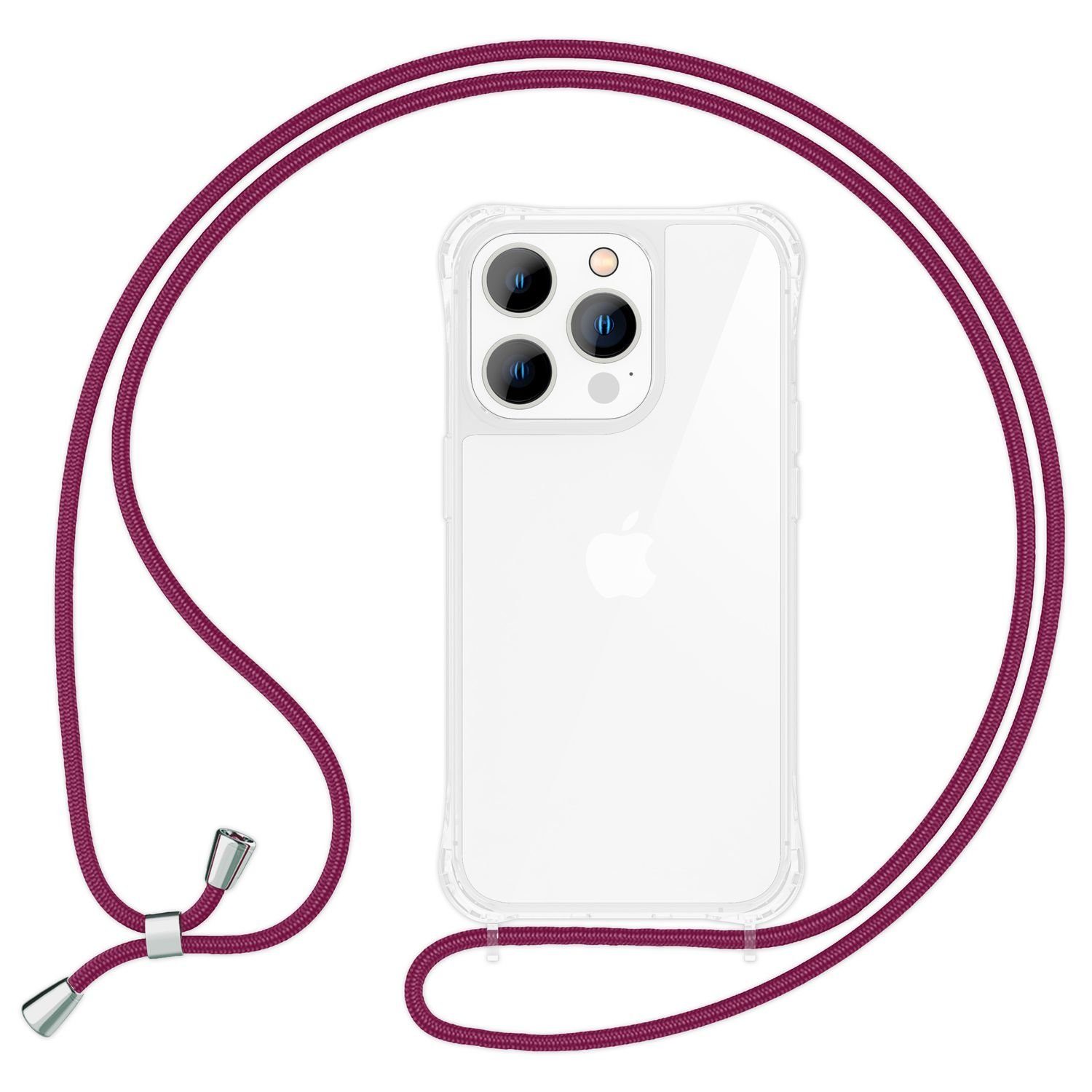 Nalia Handykette Apple iPhone 14 Pro, Klare Hülle mit Kette zum Umhängen /  Handykette / Durchsichtiger Silikon Rahmen / Transparente Harte Rückseite /  Schutzhülle mit Handy-Schnur / Kordel Cover Necklace Case /