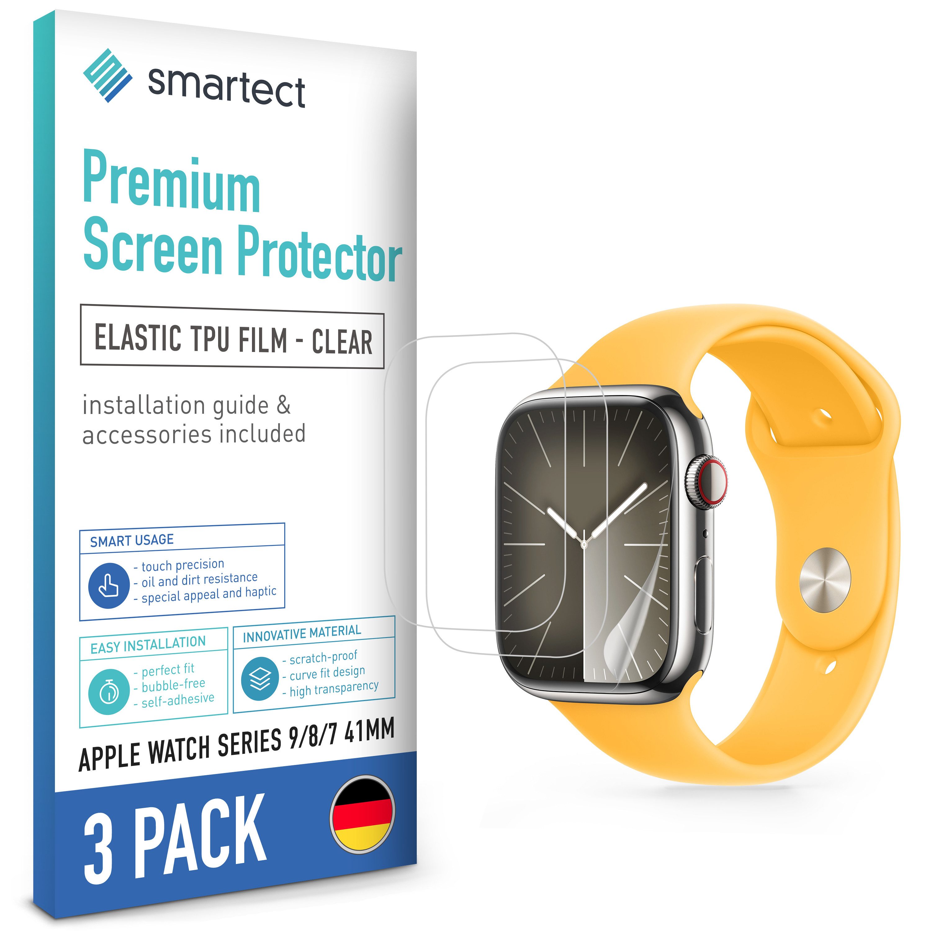 smartect Displayschutzfolie TPU Schutzfolie Klar für Apple Watch Series 9/ 8/ 7 41mm, Set, 3 Stück, Panzerfolie Bildschirm Displayfolie