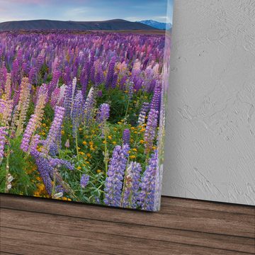 Sinus Art Leinwandbild 120x80cm Wandbild auf Leinwand Lila Blumen Blumenwiese Landschaft Berg, (1 St)