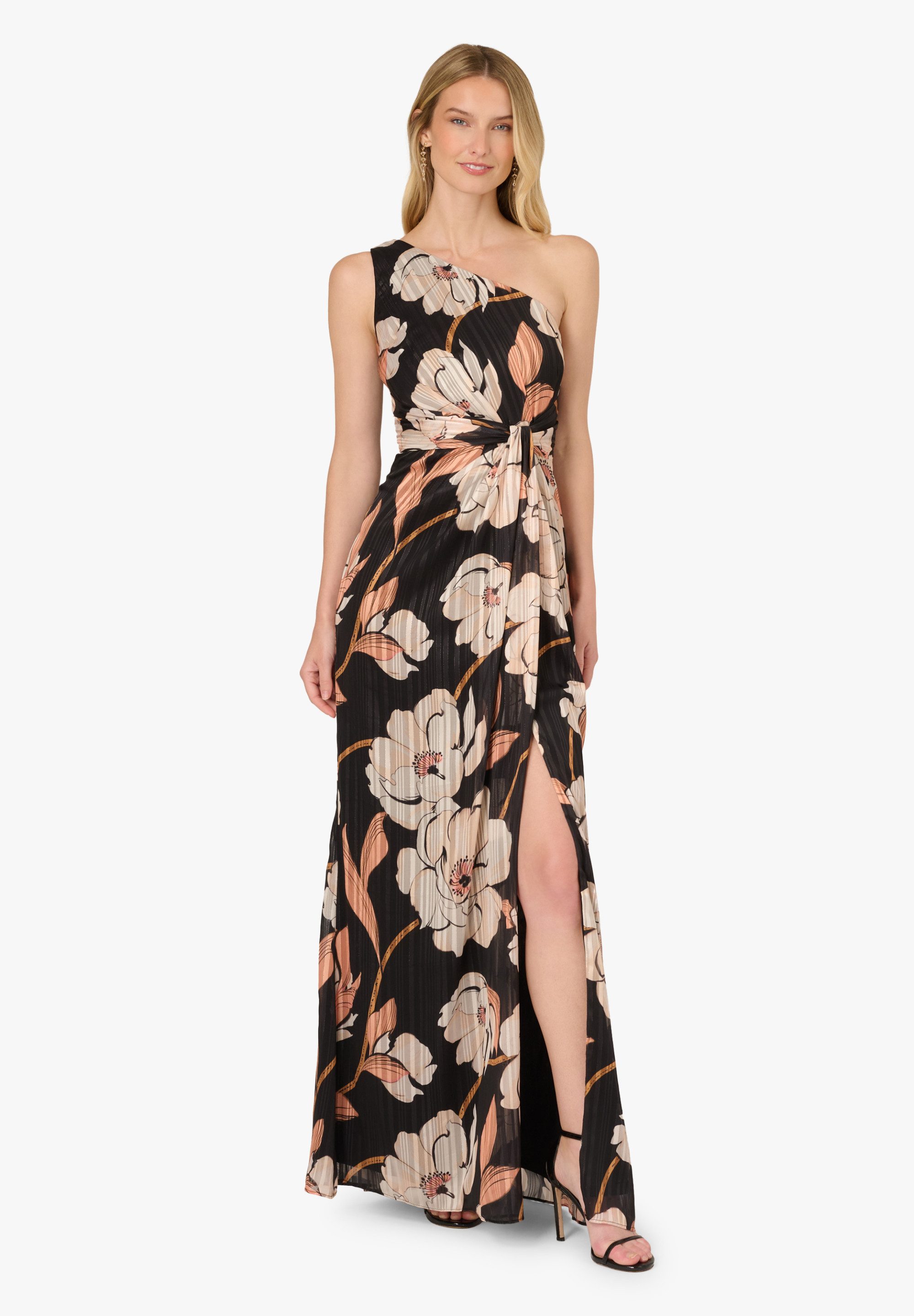 Adrianna Papell Abendkleid Draped Floral Ribbon Gown Auffälliges, florales Metallic-Kleid