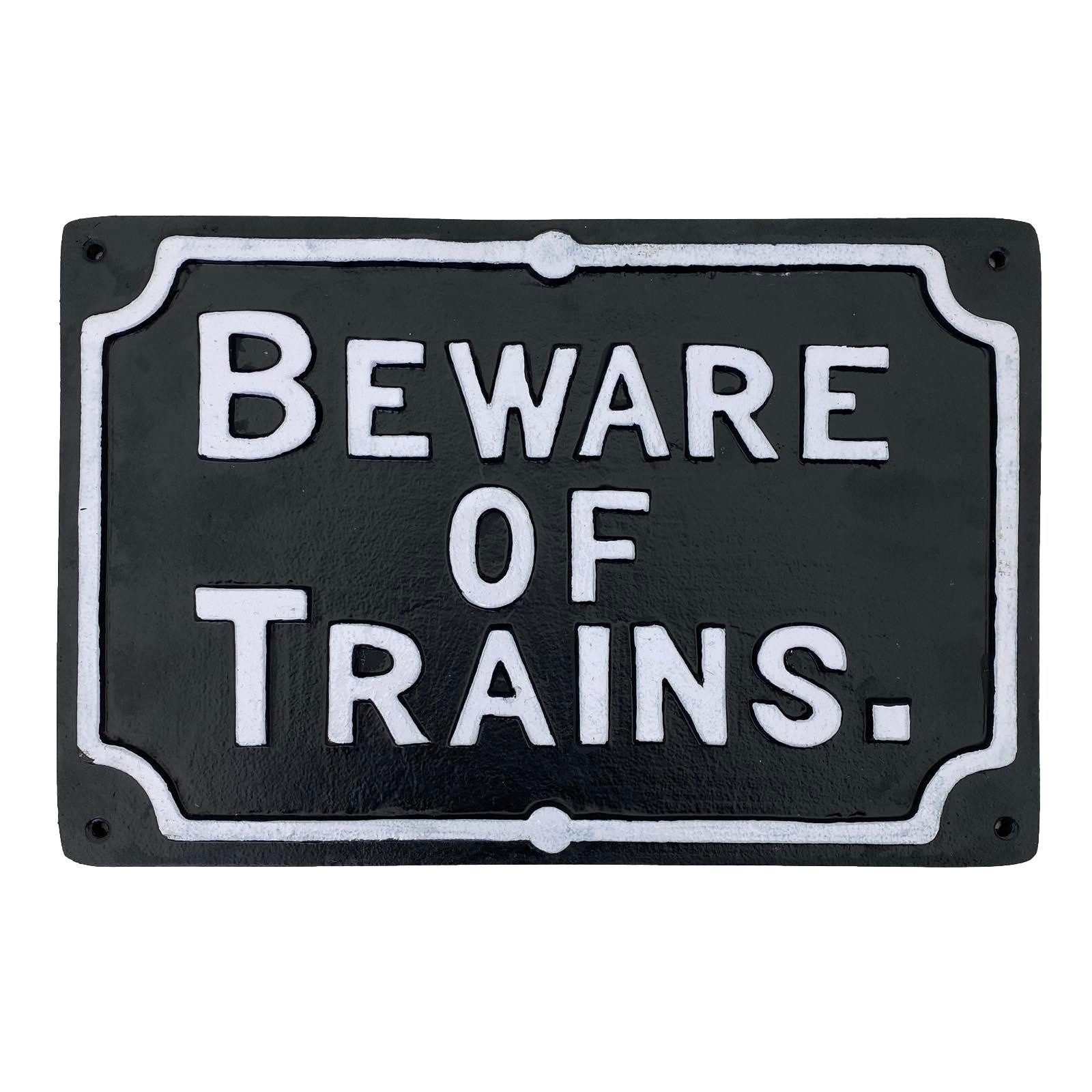 Dekoobjekt Schild Wandschild BEWARE OF TRAINS Eisenbahn Bahn Eisen 31cm Antik-Sti