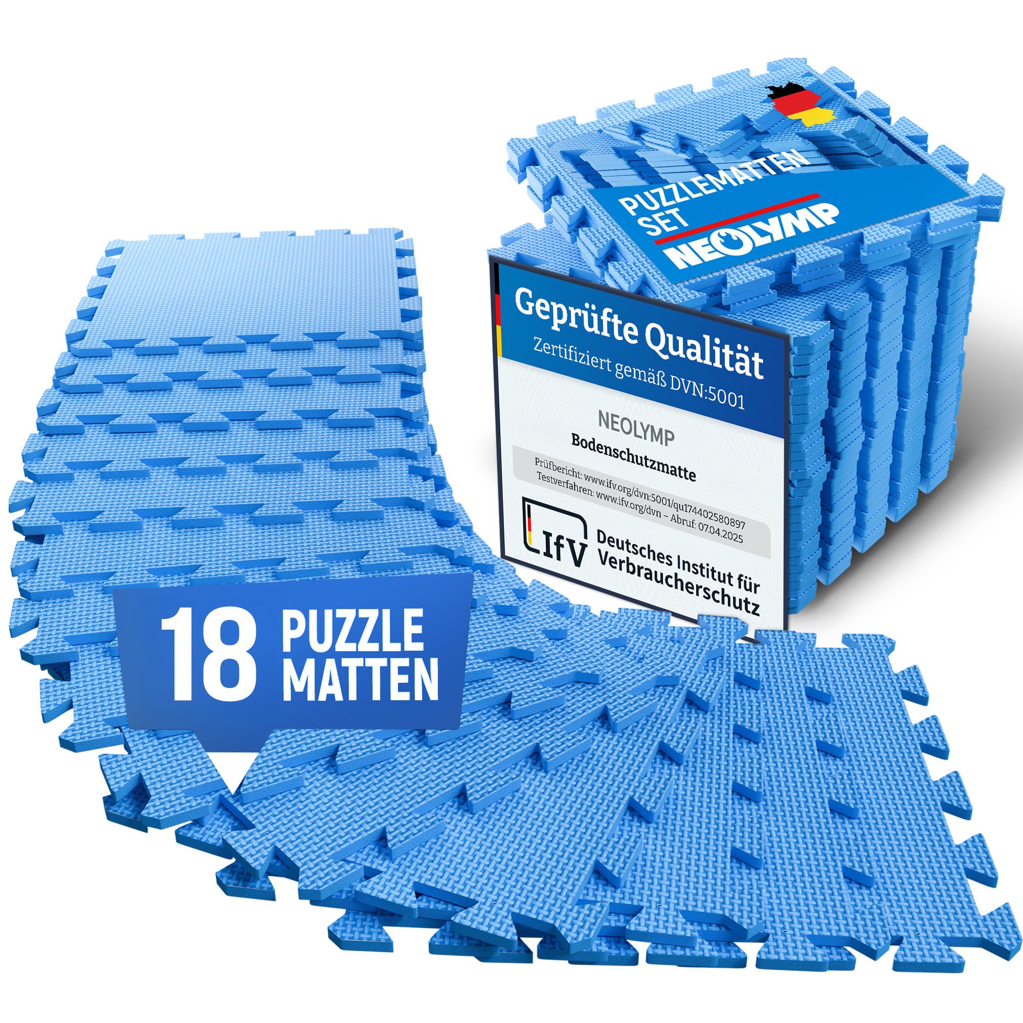 NEOLYMP Bodenmatte Robuste Bodenschutzmatte - Fitness - Schutzmatte Boden - Fitnessmatte (18 Puzzlestücke inkl. Randteile, 18 Schutzmatten Boden inklusive Randstücke - Puzzletechnik Sportmatte), Schützt Fußboden, EVA Matte, Studioqualität, Anti-Rutsch