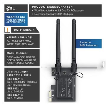 CSL Netzwerk-Adapter, WLAN Netzwerkkarte 2,4 Ghz PCIe, 300 Mbit/s WiFi Karte mit Antenne