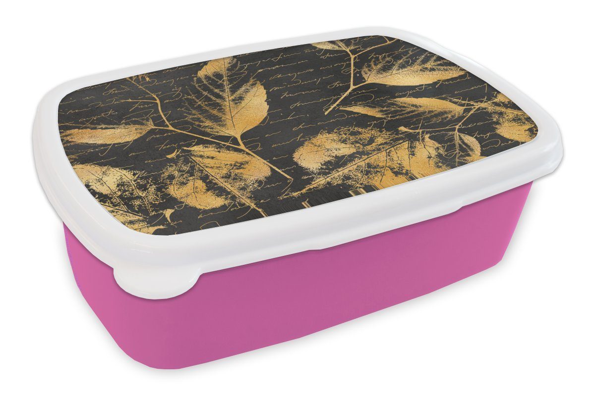 MuchoWow Lunchbox Gold - Blätter - Schwarz, Kunststoff, (2-tlg), Brotbox für Erwachsene, Brotdose Kinder, Snackbox, Mädchen, Kunststoff rosa