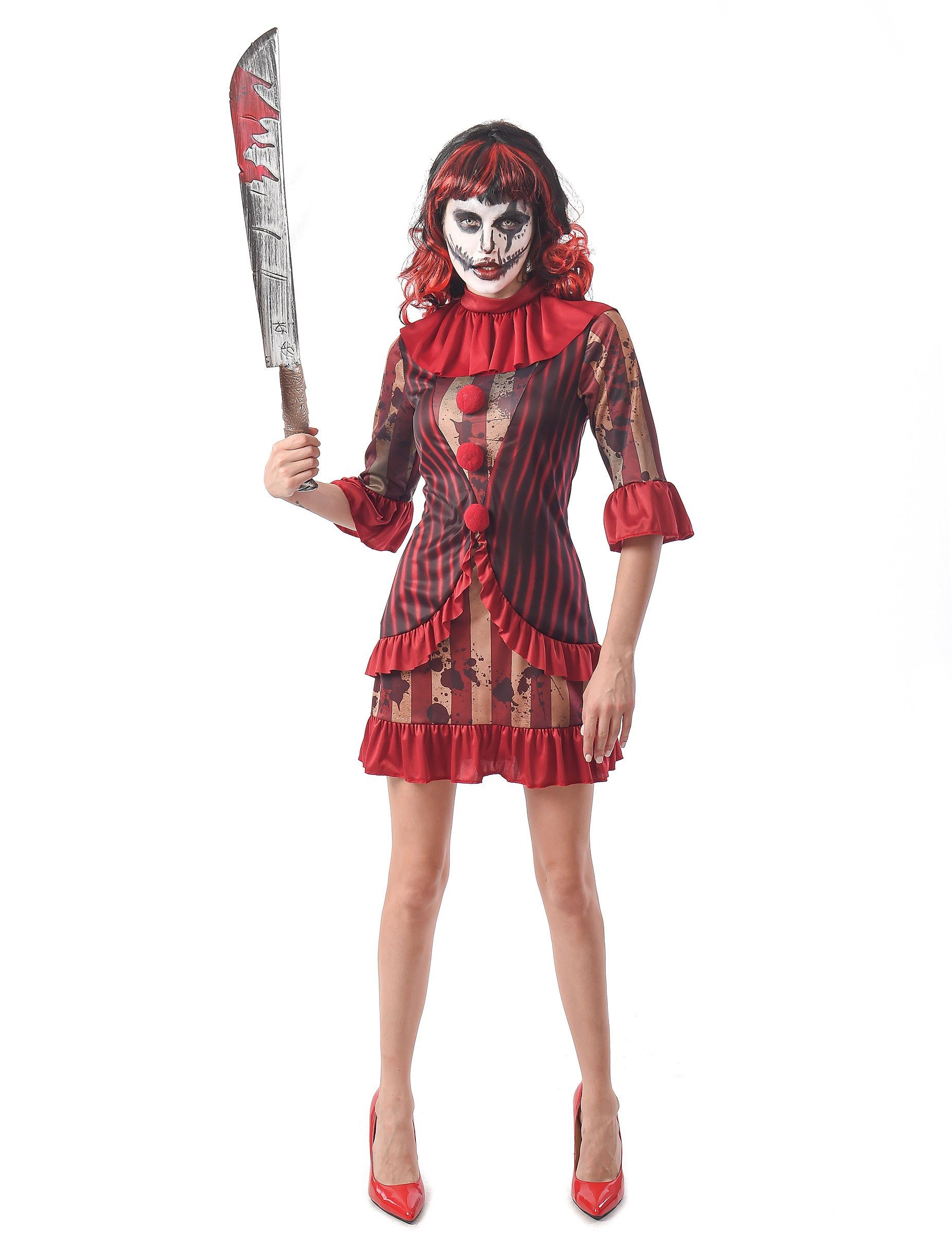 JADEO Clown-Kostüm Horrorclown-Kostüm für Damen Killerclown-Kleid rot-beige