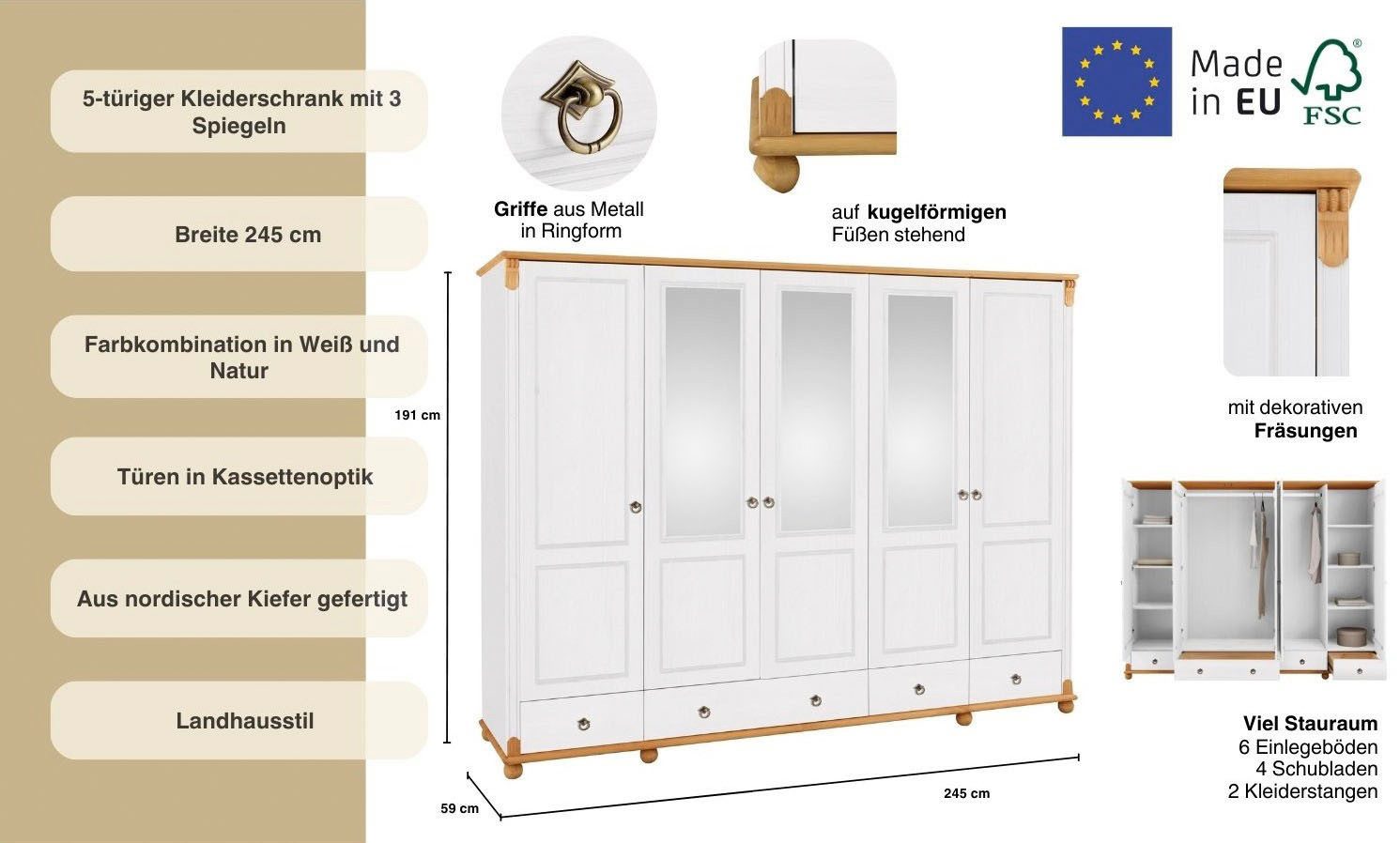 OTTO home Kleiderschrank Tessin (B/H/T ca. 245/191/59 cm) Breite 245 cm, Kiefer massiv, mit Spiegel