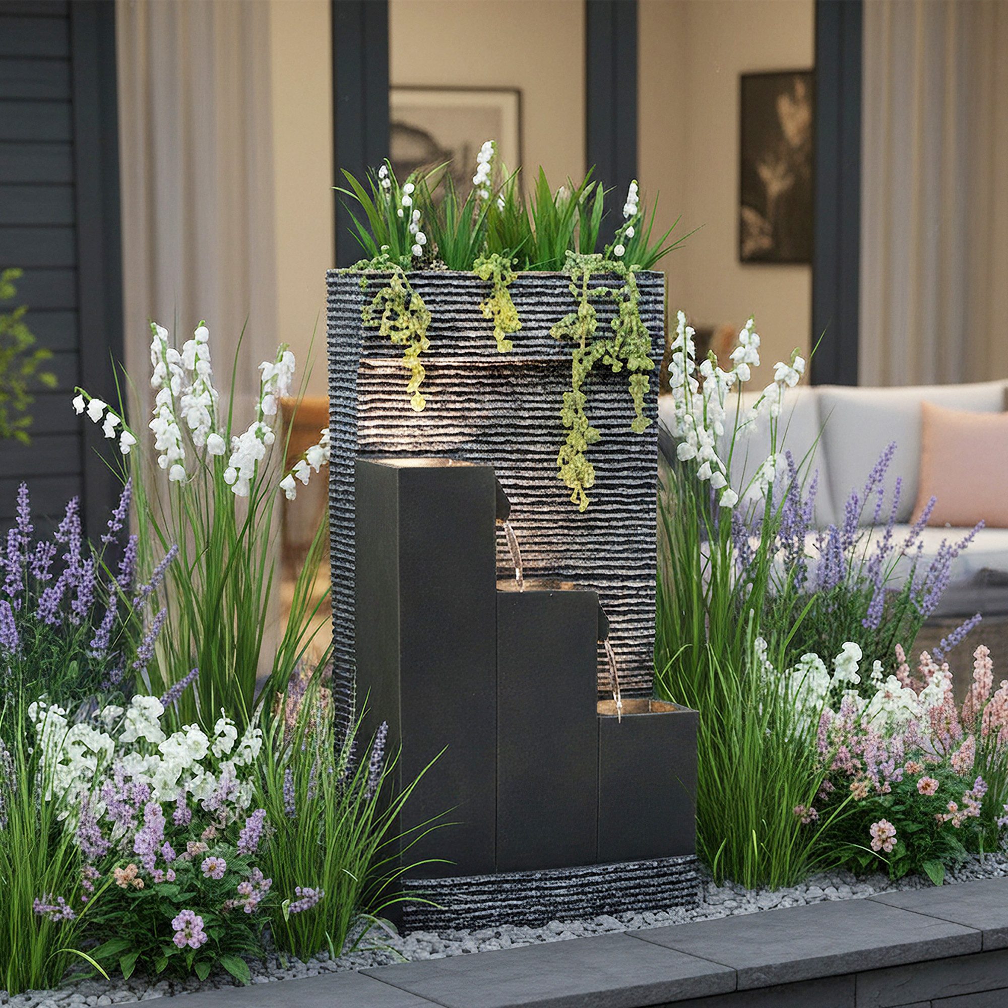 Arnusa Zimmerbrunnen BK845 Springbrunnen mit Beleuchtung Gartenbrunnen Kaskade, mit Dekorationsbecken, für Innen und Außen