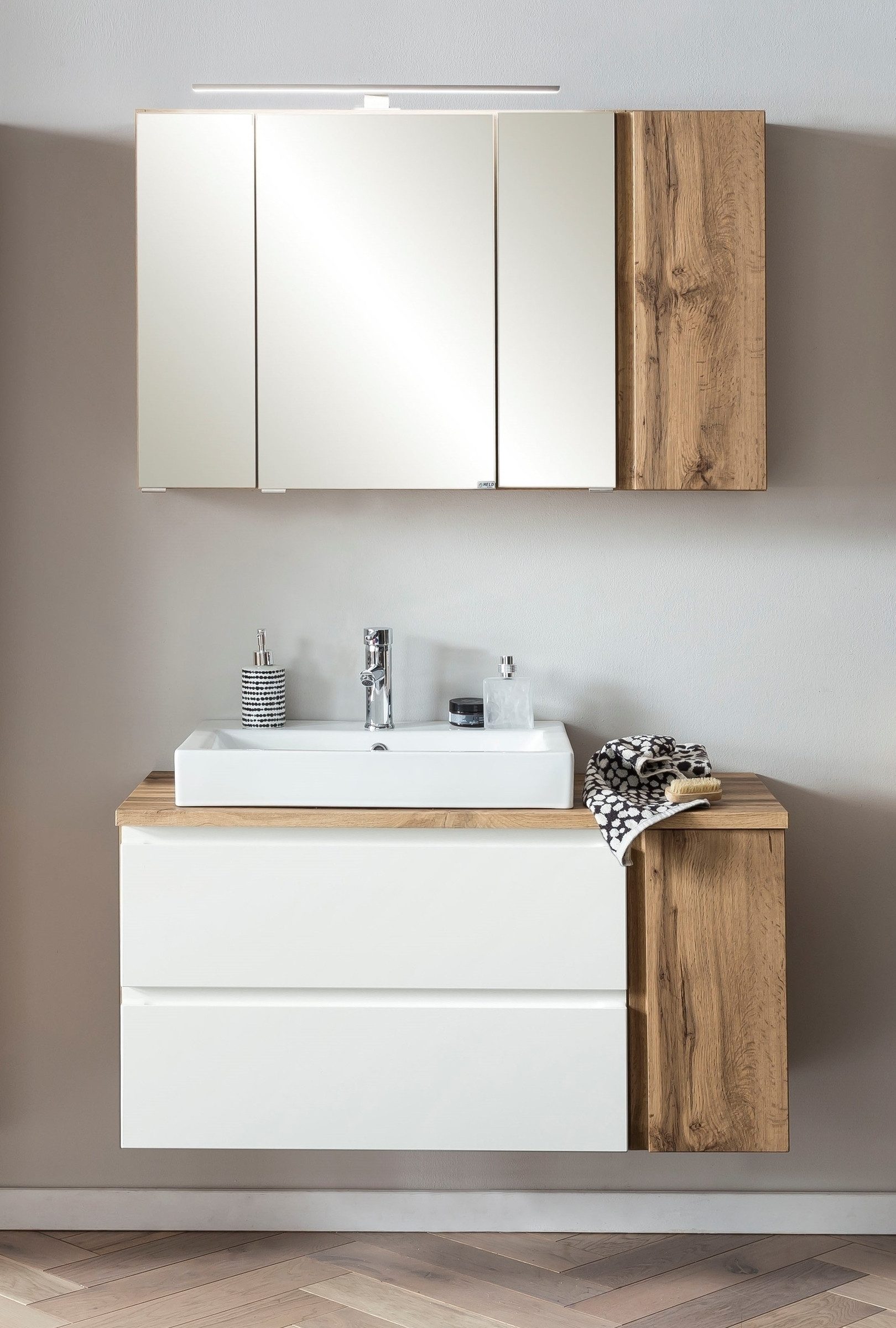 HELD MÖBEL Badmöbel-Set (2-tlg) in weiß / Wotaneiche-Dekor - 105x195x47cm (BxHxT), (2-tlg)
