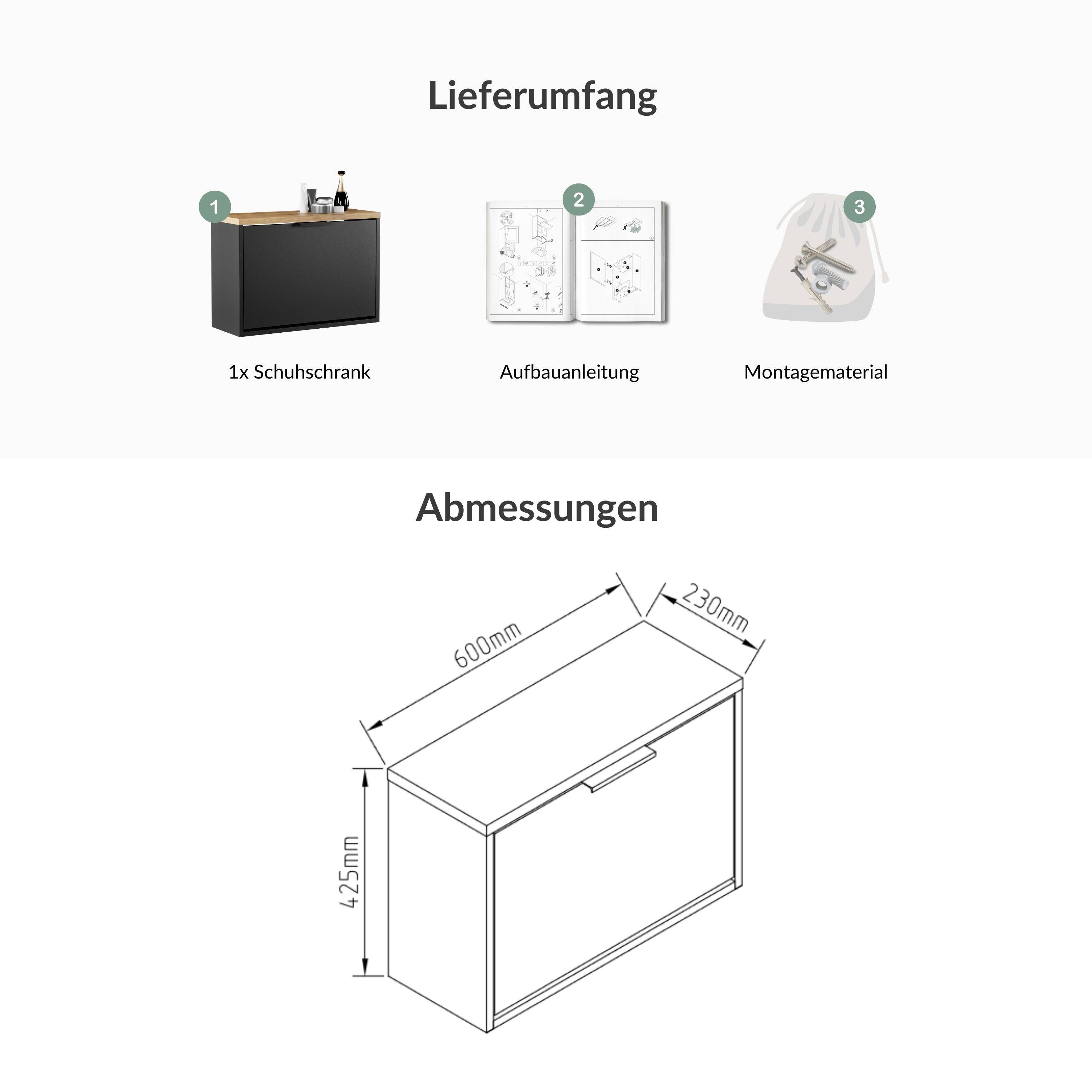 Planetmöbel Schuhschrank STIVIO Schuhschrank einreihig (Schuhschrank für Flur & Garderobe, wand- oder bodenmontierbar) passend für 4-6 Paar Schuhe