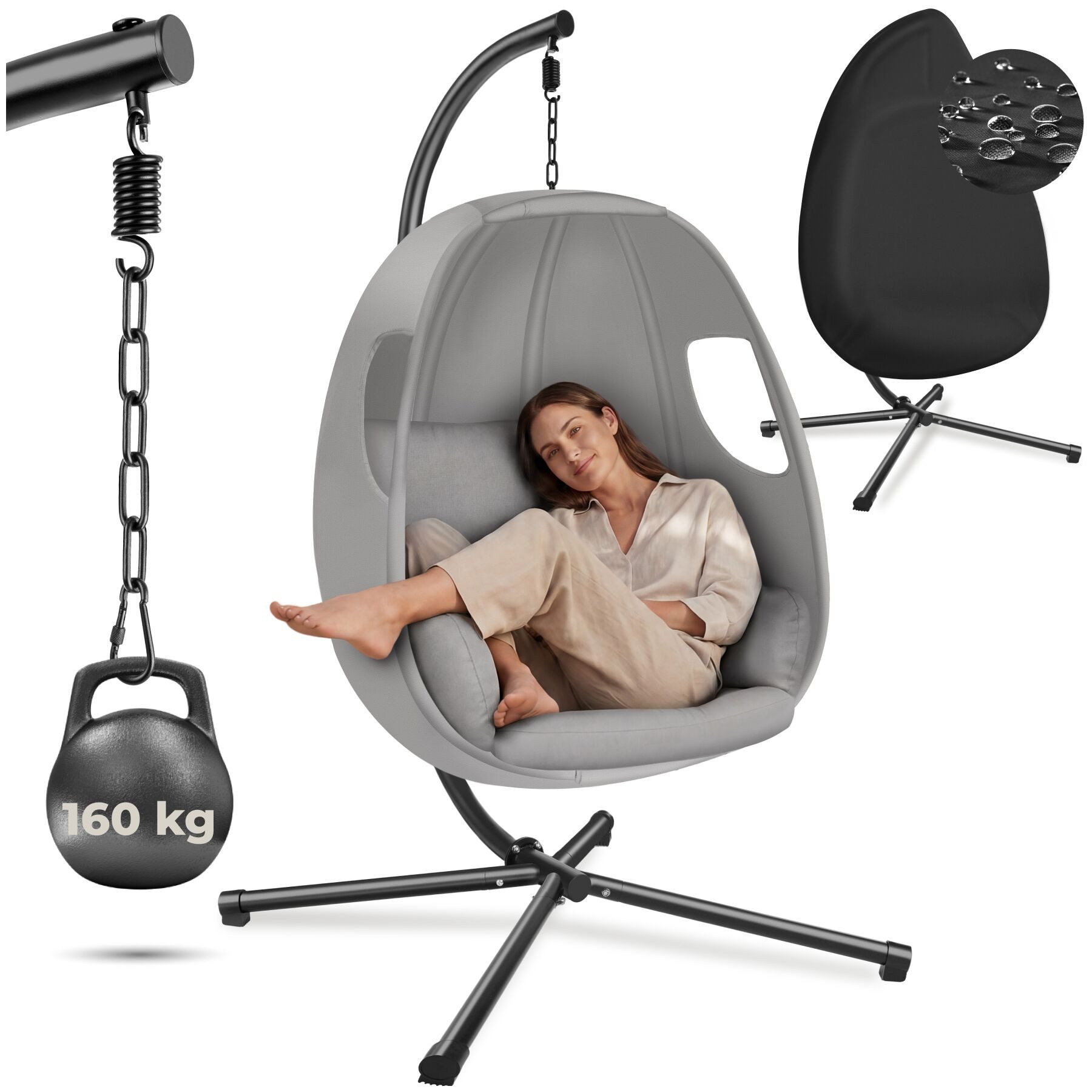 tectake Hängesessel Hängeliege mit Gestell 100x97x201 cm, für Indoor und Outdoor (Hängesitz Mit Gestell Anika, in Hellgrau), 360° drehbar, inkl. Schutzhülle, bis 160 kg belastbar