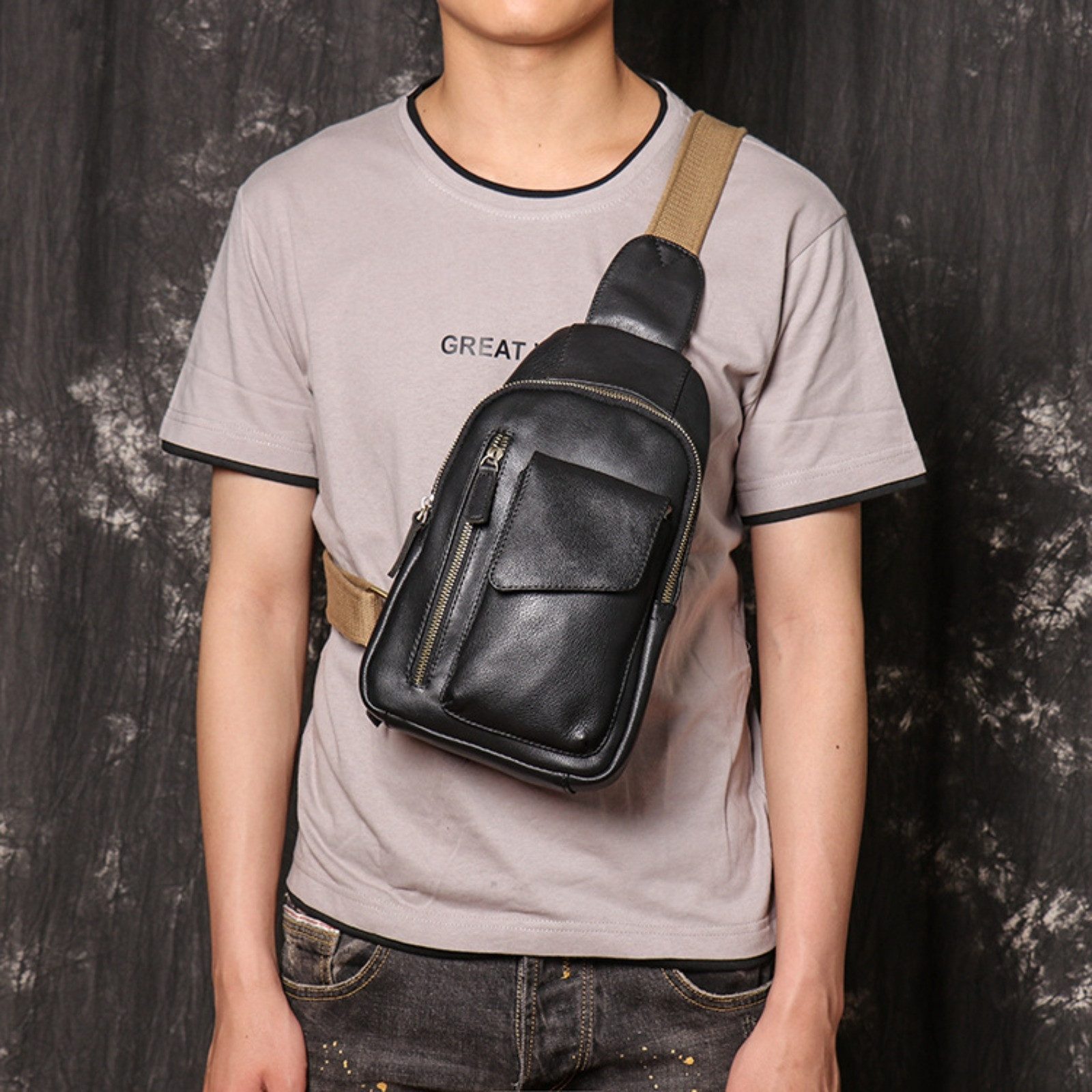 YUBRO-STUDIO Bauchtasche Herren Leder Sling Tasche günstig online kaufen