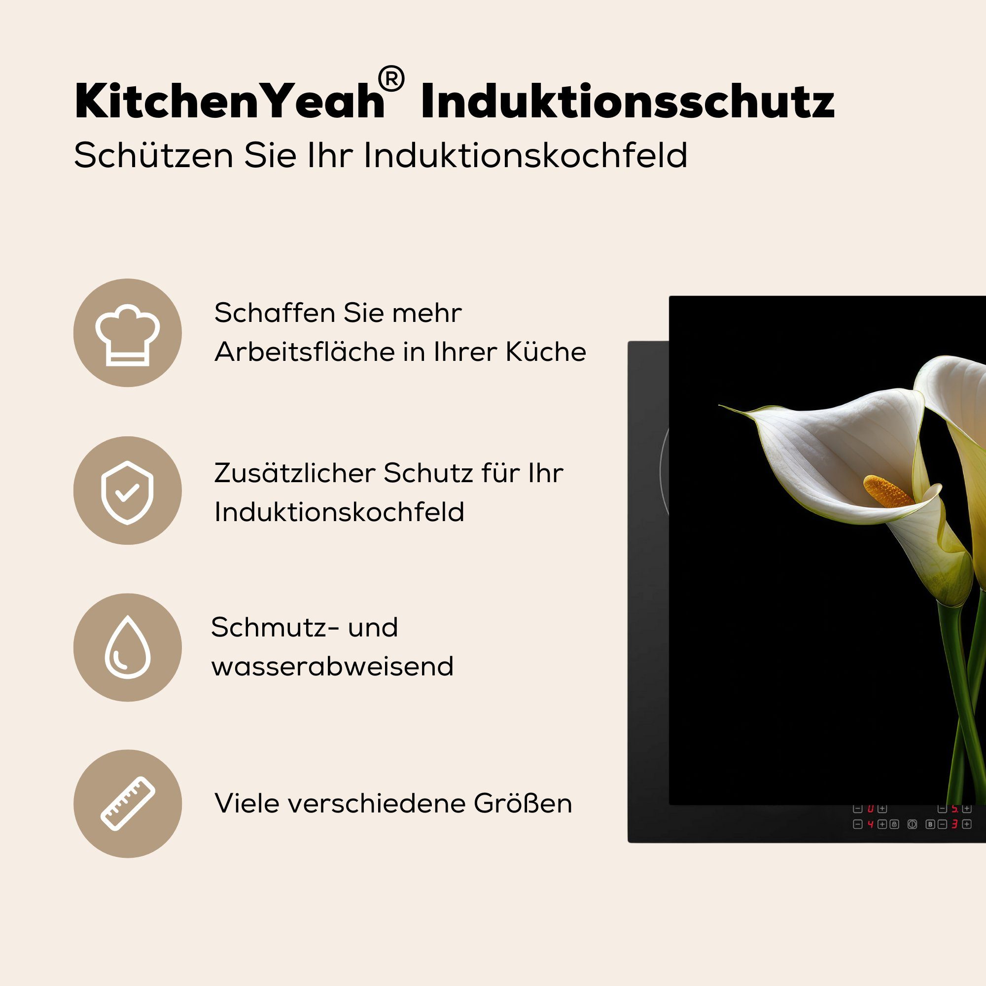 Natur 60x52 Weiß Vinyl, Ceranfeldabdeckung (1 - Blumen cm, Botanisch, nutzbar, - Mobile - Arbeitsfläche MuchoWow tlg), Pflanzen - Herdblende-/Abdeckplatte