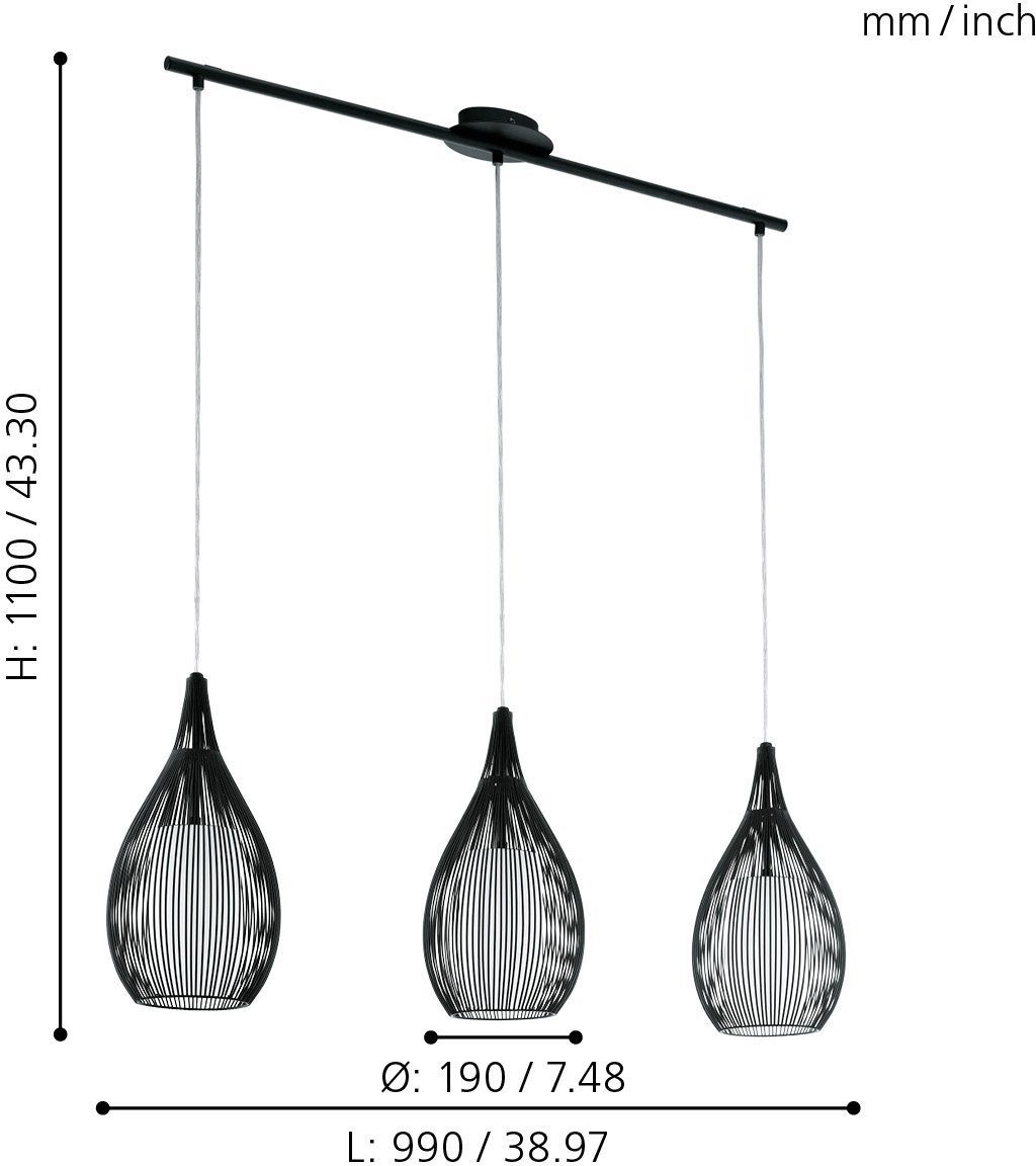 EGLO Hängeleuchte RAZONI Pendellampe, Stahl und Glas, IP20, E27, Esstischlampe, Lampe, Dimmfunktion, Memoryfunktion, ohne Leuchtmittel, Hängeleuchte, L99 x B19 x H110, schwarz, 3X60W exkl.