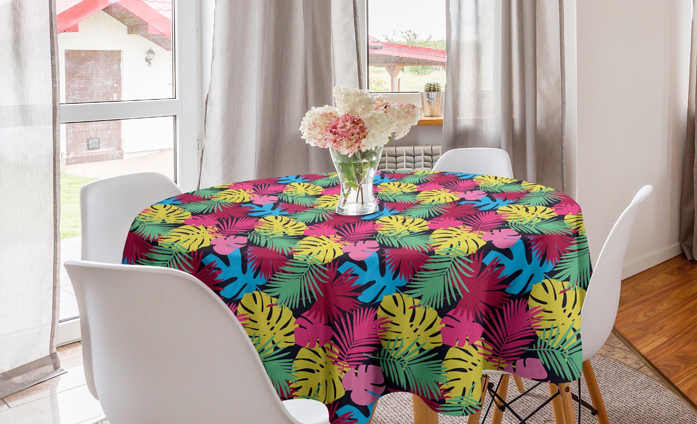 Abakuhaus Tischdecke Kreis Tischdecke Abdeckung für Esszimmer Küche Dekoration, Botanisch Banana Blätter Palme