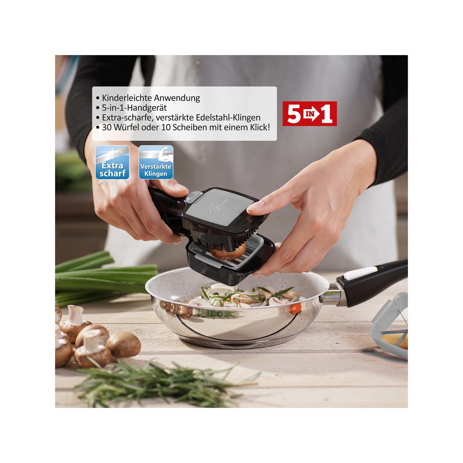Genius Gemüseschneider Nicer Dicer Quick Gemüseschneider 7 tlg., Zwiebelschneider, 4 Messereinsätze, Scheiben, Würfel, Stifte, Sechstel