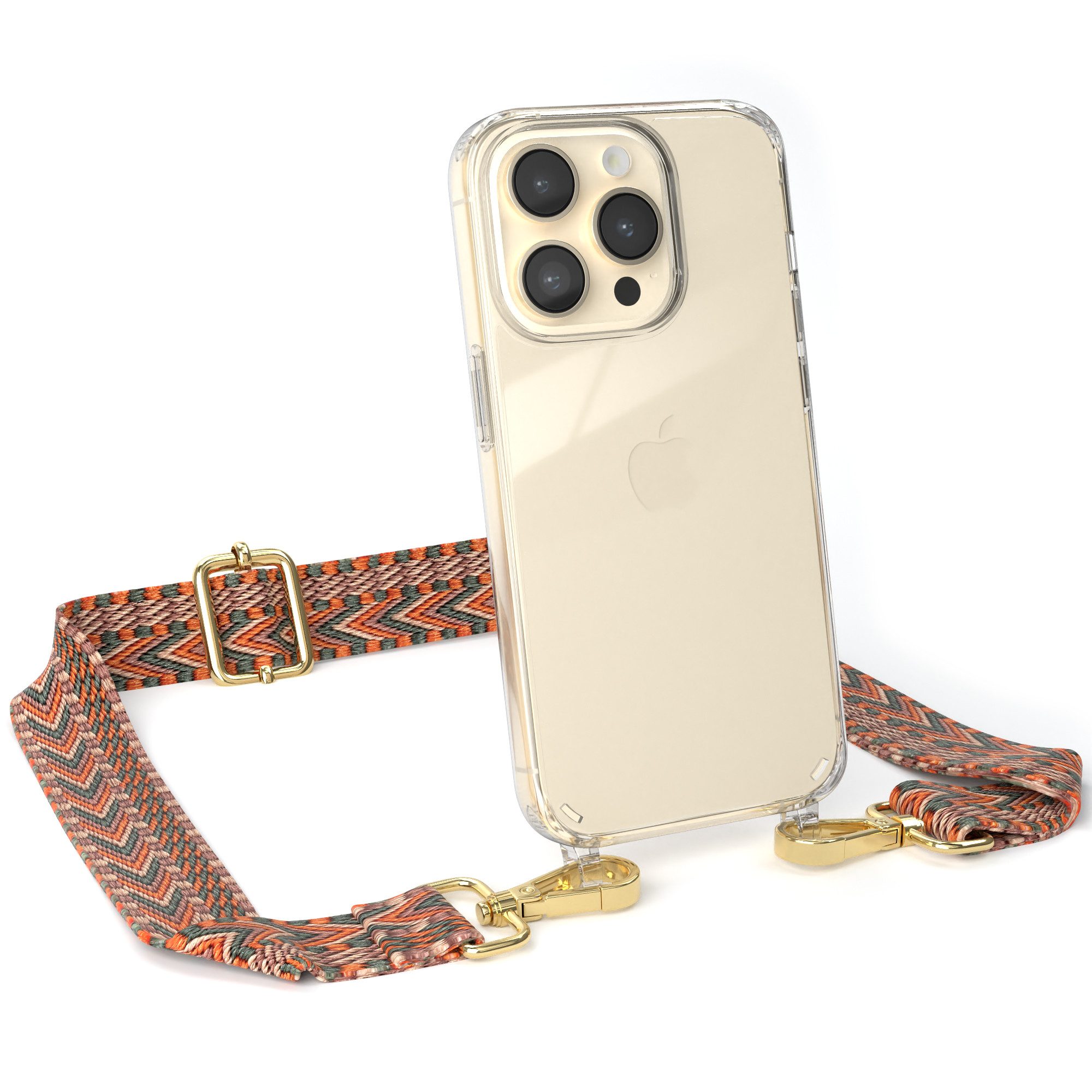EAZY CASE Handykette Boho Umhängeband für Apple iPhone 14 Pro 6,1 Zoll, schmaler Gürtel Kordel transparenter Silikonhülle Umhängetasche Orange