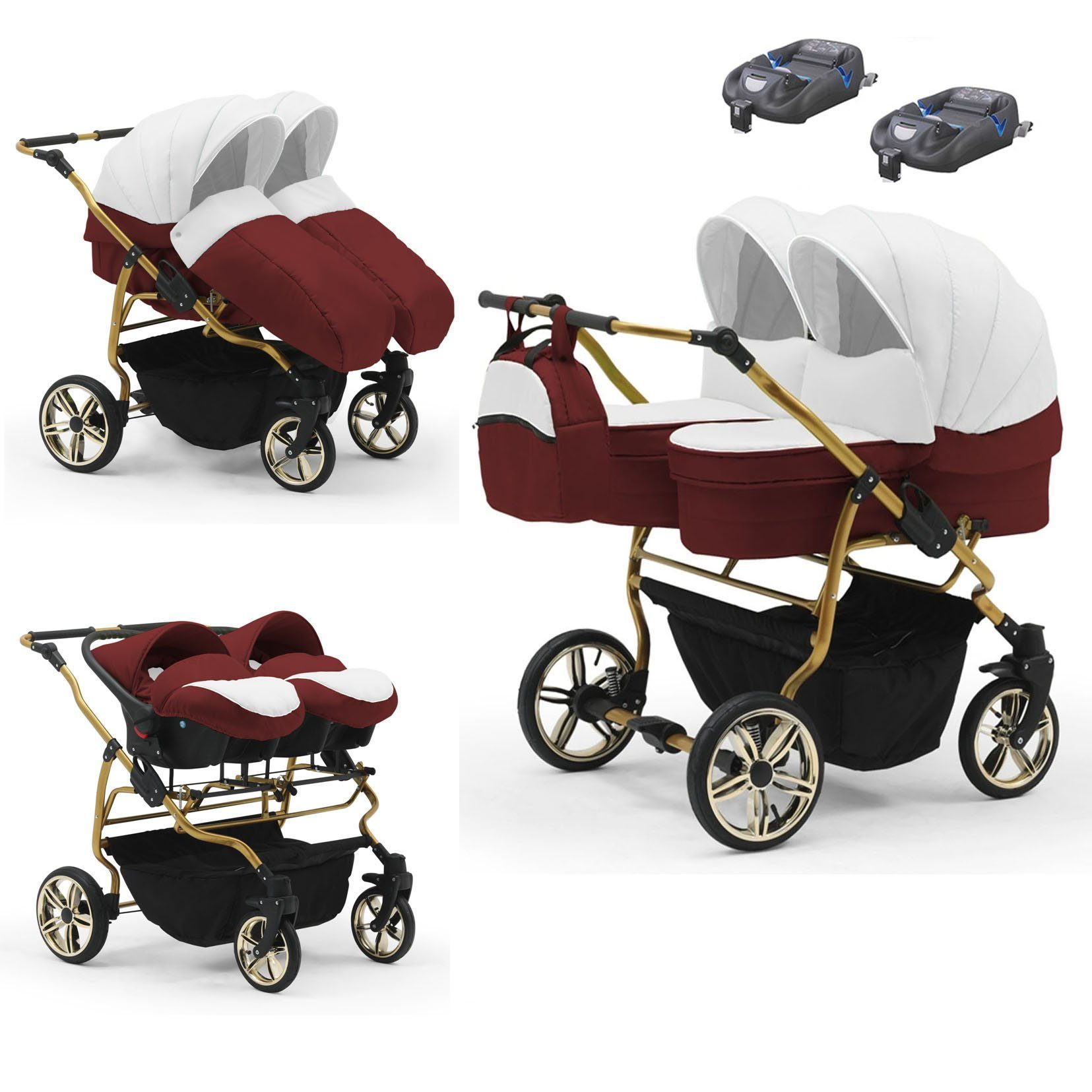 babies-on-wheels Zwillingswagen Zwillingswagen Duet Lux Gold 4 in 1 - 15 Teile - in 33 Farben Weiß-Bordeaux