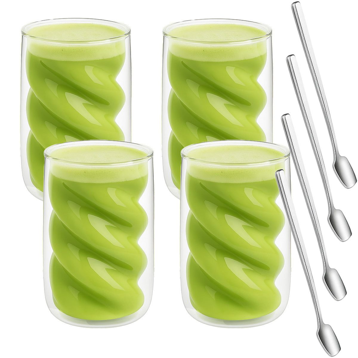 mixed24 Gläser-Set 4er Set Doppelwandige Gläser 230ml Spiralform, Thermogläser inkl. Löffel ideal für Latte Macchiato, Matcha, Tee