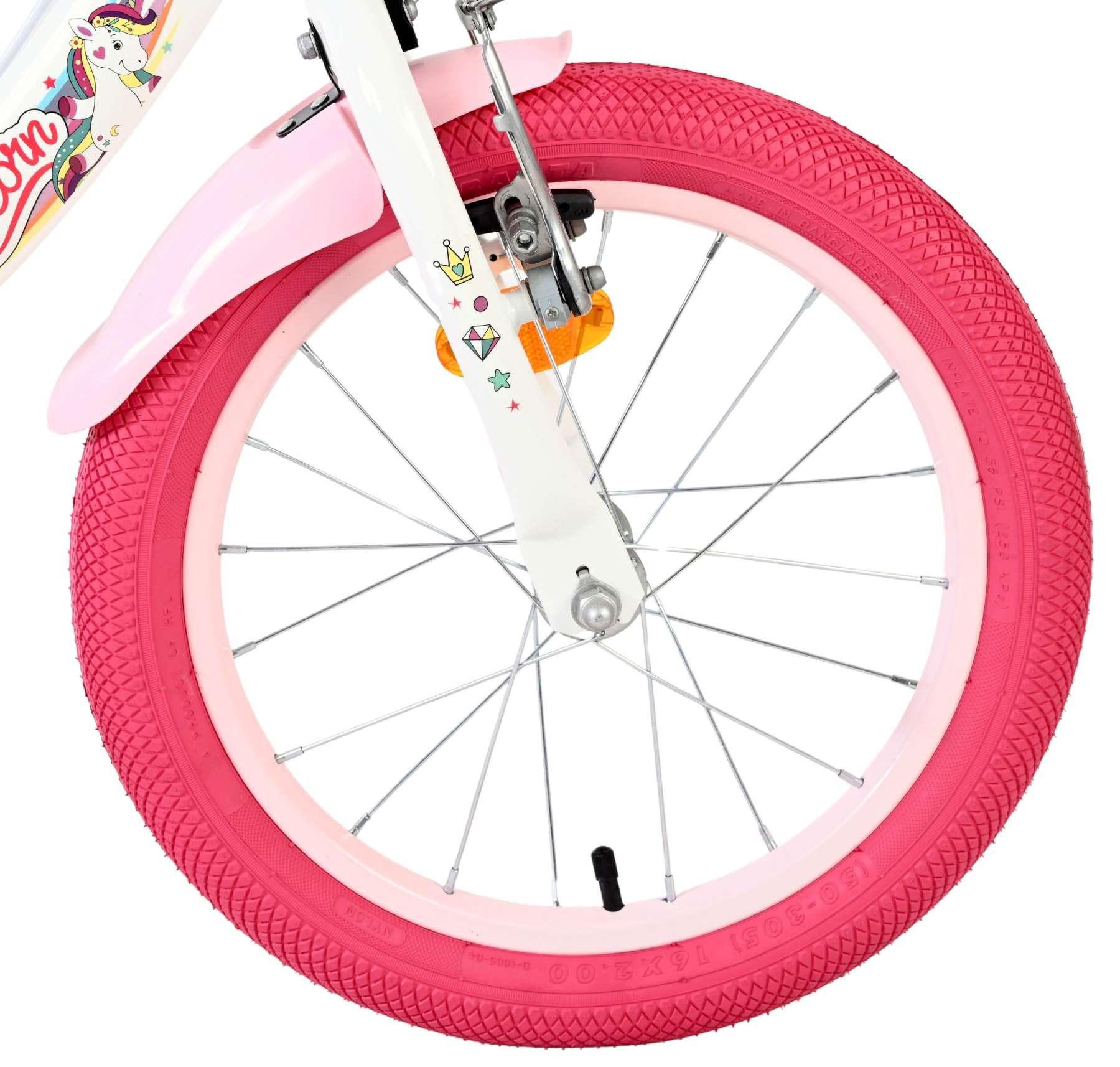 Volare Kinderfahrrad Unicorn Mädchen 16 Zoll Weiß mit Zwei Handbremsen und Zubehör, Einhorn-Design, Regenbogenakzente, abnehmbare Stützräder, Klingel