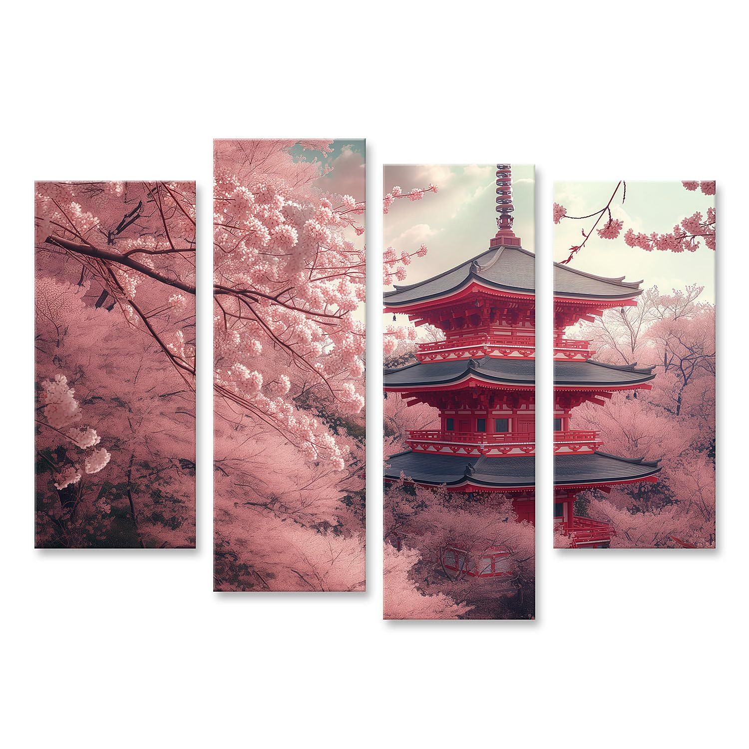 islandburner Leinwandbild Kirschblüten und Rote Pagode im Frühlingsgarten Japan