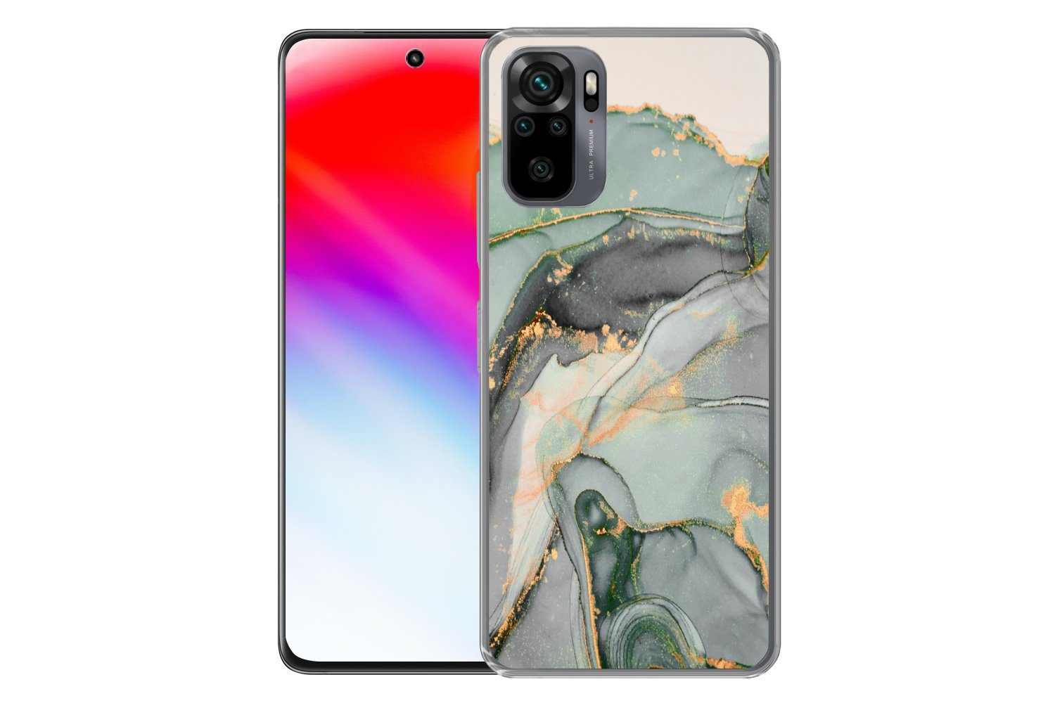 MuchoWow Handyhülle für Xiaomi Redmi Note 10S Gold - Marmor - Grün - Luxus - Glitzer - Mar, Phone Case, Silikon, Schutzhülle Dünn