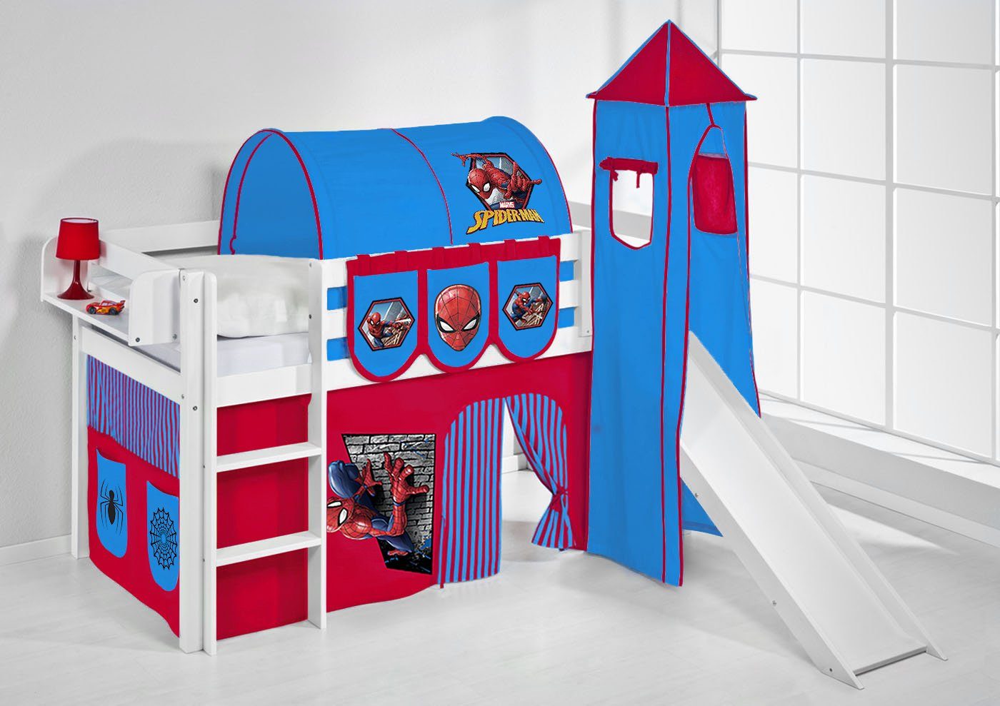 Lilokids Kinderbett »Spielbett JELLE Spiderman - Hochbett LILOKIDS - weiß -  mit Turm, Rutsche und Vorhang« online kaufen | OTTO