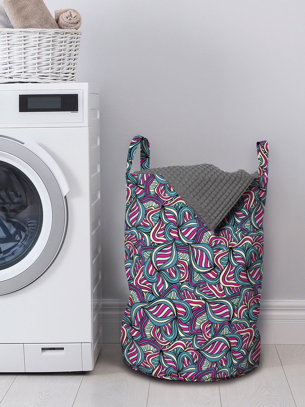 Abakuhaus Wäschesäckchen Wäschekorb mit Abstrakt gewellte Waschsalons, für Ornamental Kordelzugverschluss Linien Griffen