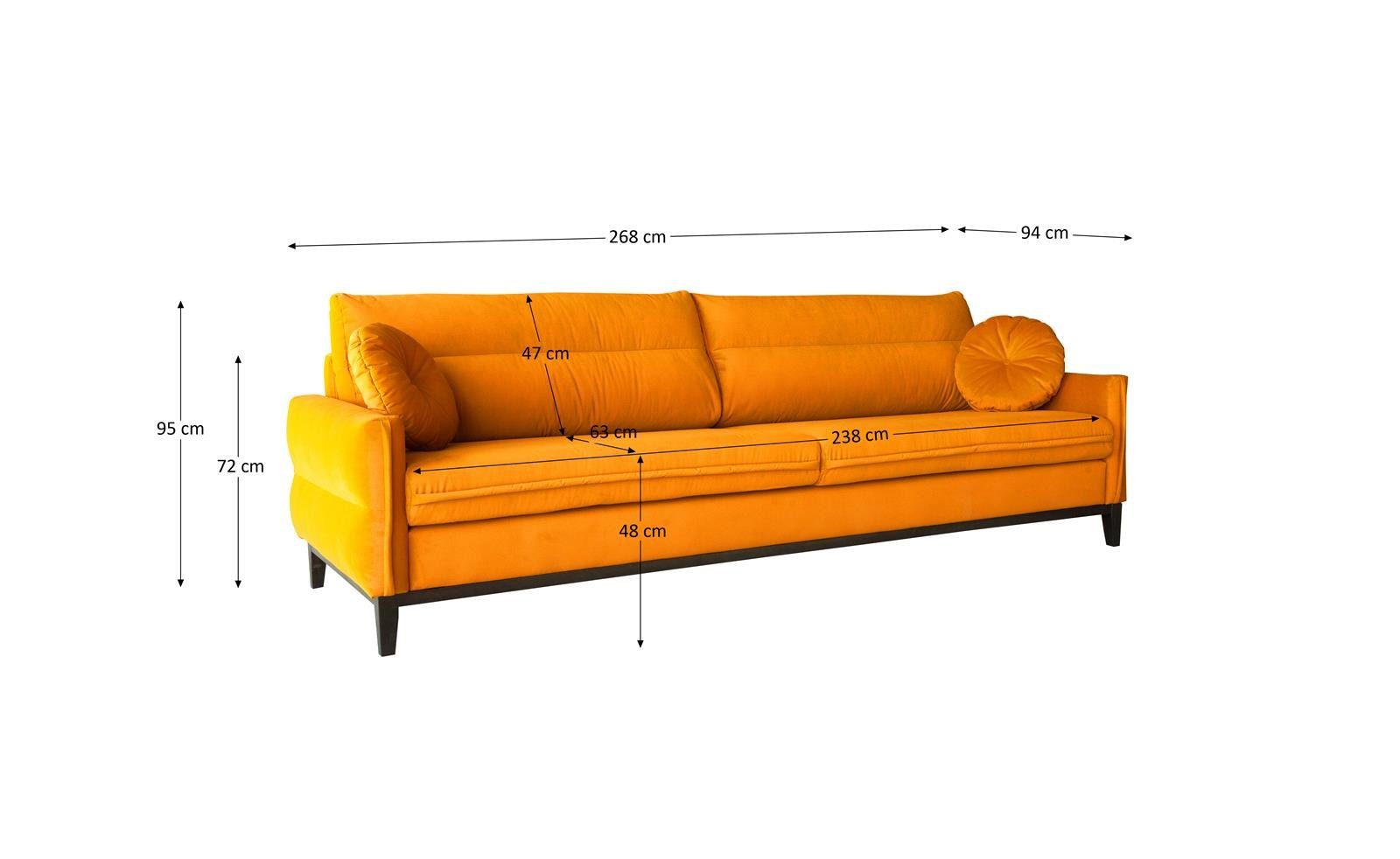 Velourstoff, Dreisitzer (otusso Polstercouch Belweder, Ginger Wohnzimmer, aus cm 268 breite, skandinavisches für Sofa 3-Sitzer 15) Sofa im Beautysofa Stil