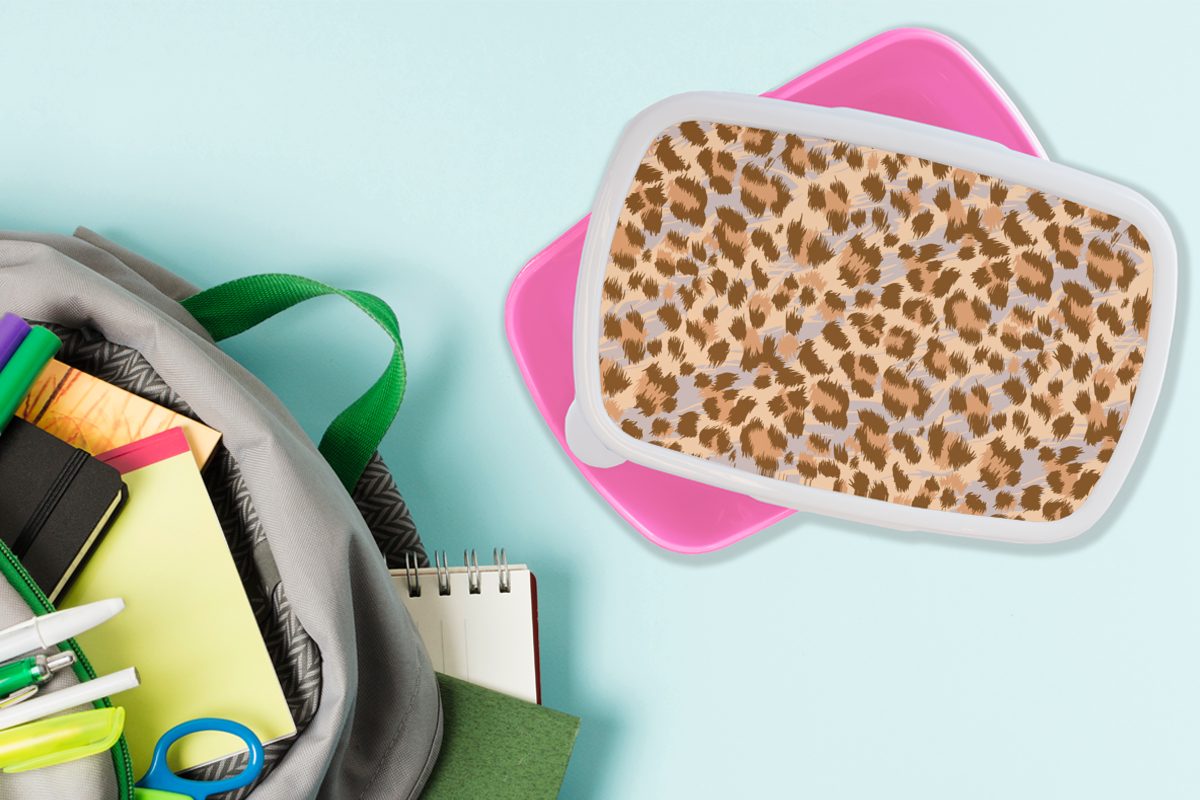 - rosa Brotbox - Mädchen, Snackbox, MuchoWow Muster, - Brotdose Panther Kinder, Tierdruck Kunststoff Lunchbox Erwachsene, Kunststoff, für (2-tlg), Braun