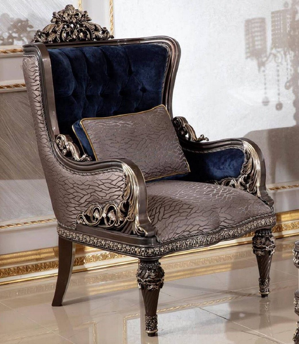 Casa Padrino Sessel Luxus Barock Sessel Royalblau / Grau / Dunkelbraun / Gold - Handgefertigter Barockstil Wohnzimmer Sessel mit elegantem Muster - Barock Wohnzimmer Möbel - Edel & Prunkvoll