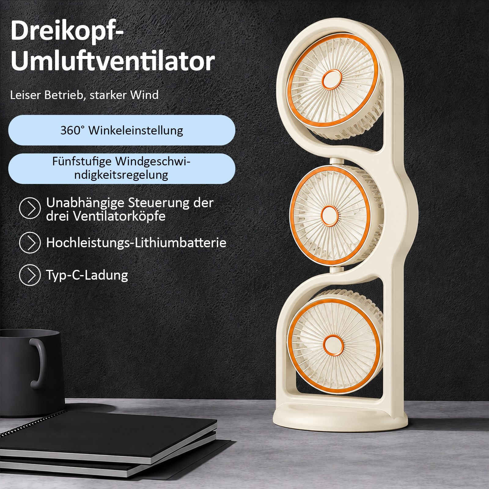MOPUEA Standventilator 360° drehbarer 3-Kopf-Luftzirkulationsventilator USB-Tischventilator, 5 Stufen Standventilator Luftzirkulation Leiser Betrieb USB Aufladbar