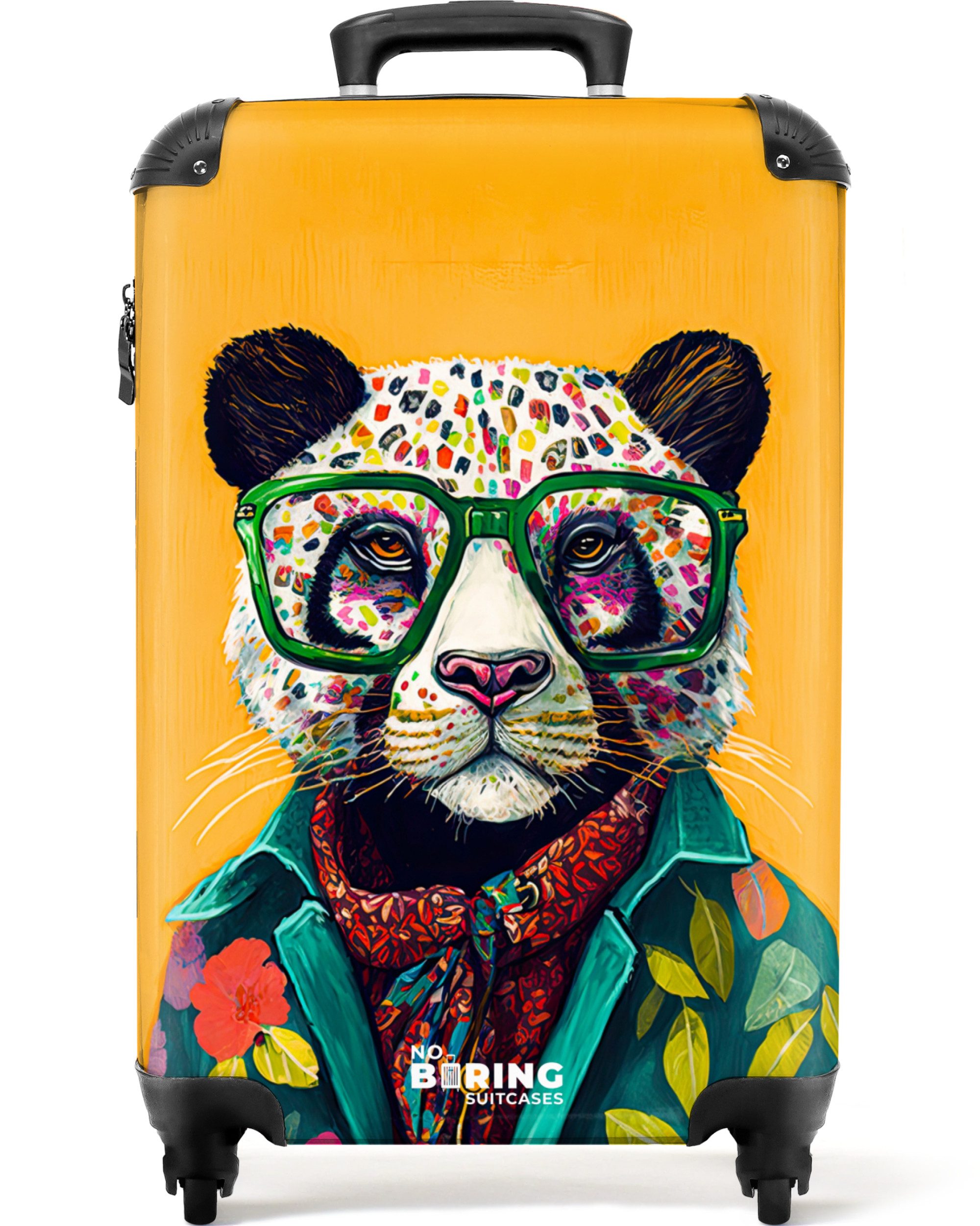 NoBoringSuitcases.com© Hartschalen-Trolley Panda - Brille - Hippie 55x35x20cm, 4 Rollen, Reisetasche mit Rollen, Koffer Handgepäck Flugzeug
