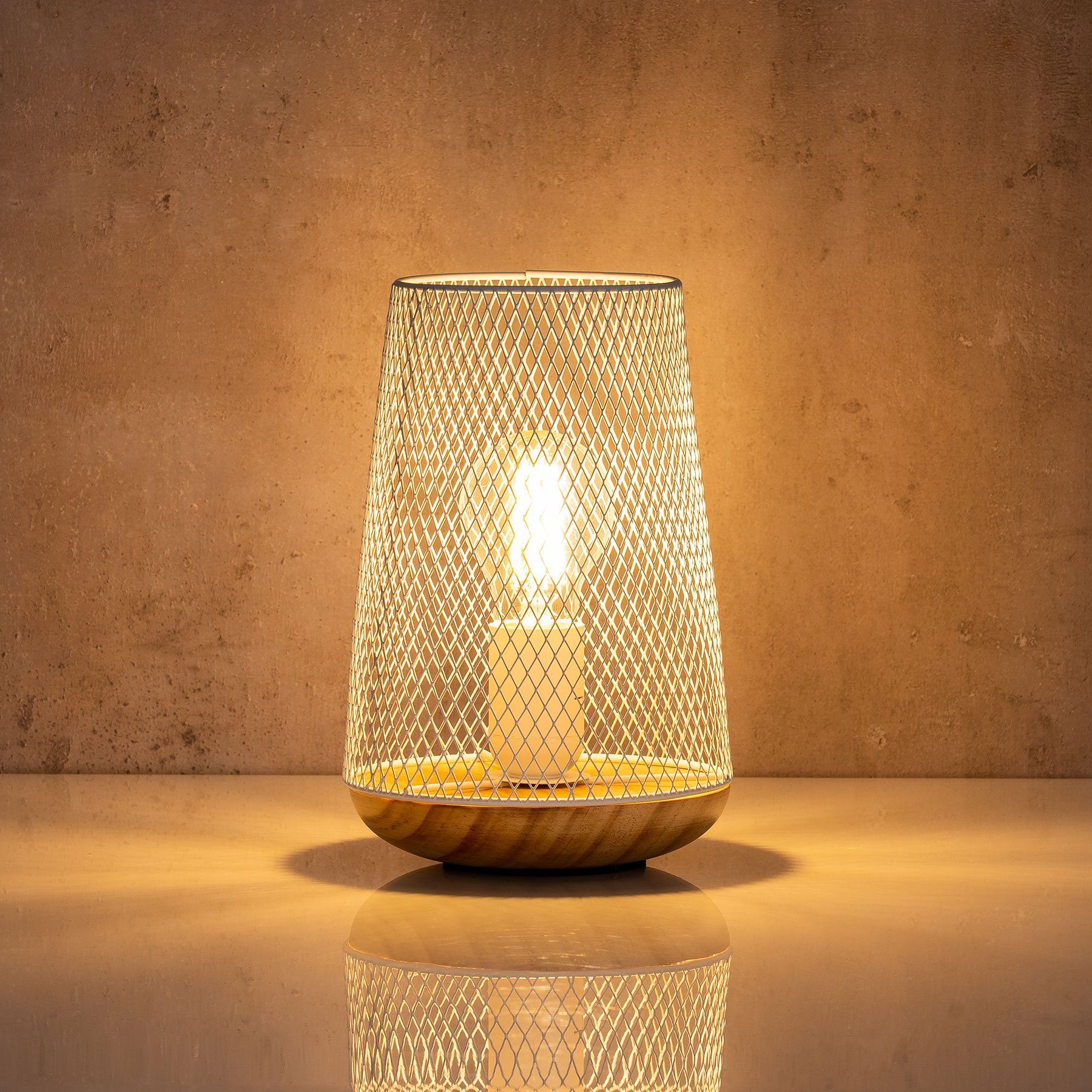 Lampe Metall Levandeo® Standleuchte Leuchte Weiß Tischlampe Nachttischlampe, Deko Holz H22cm