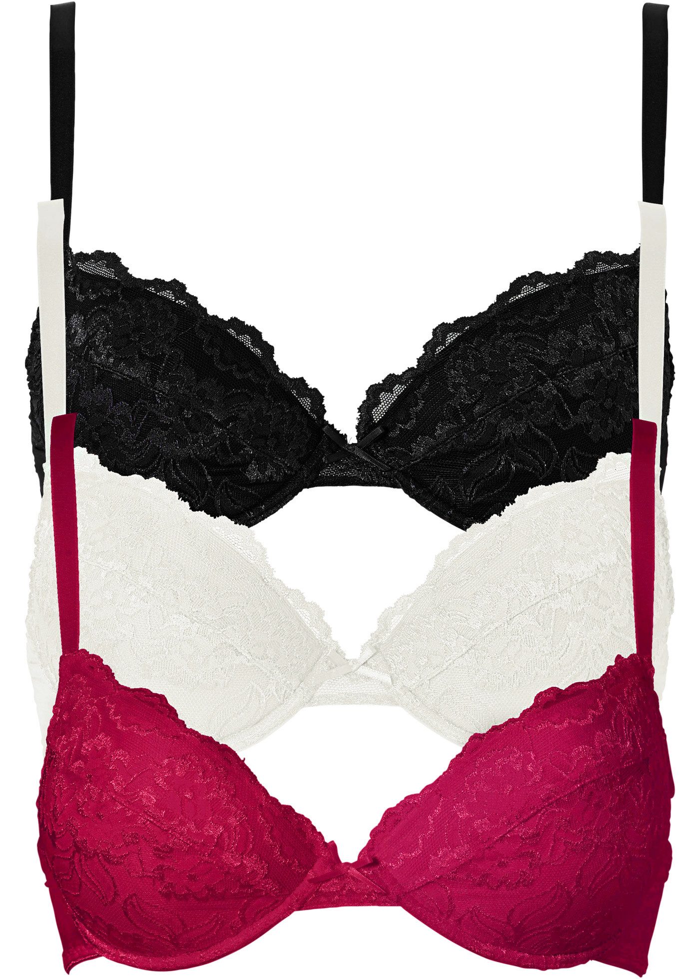 bonprix Push-up-BH (Packung, 3-tlg., 3er) leicht wattierte Cups, mit feinem Allover-Spitze, mit Baumwollfutter
